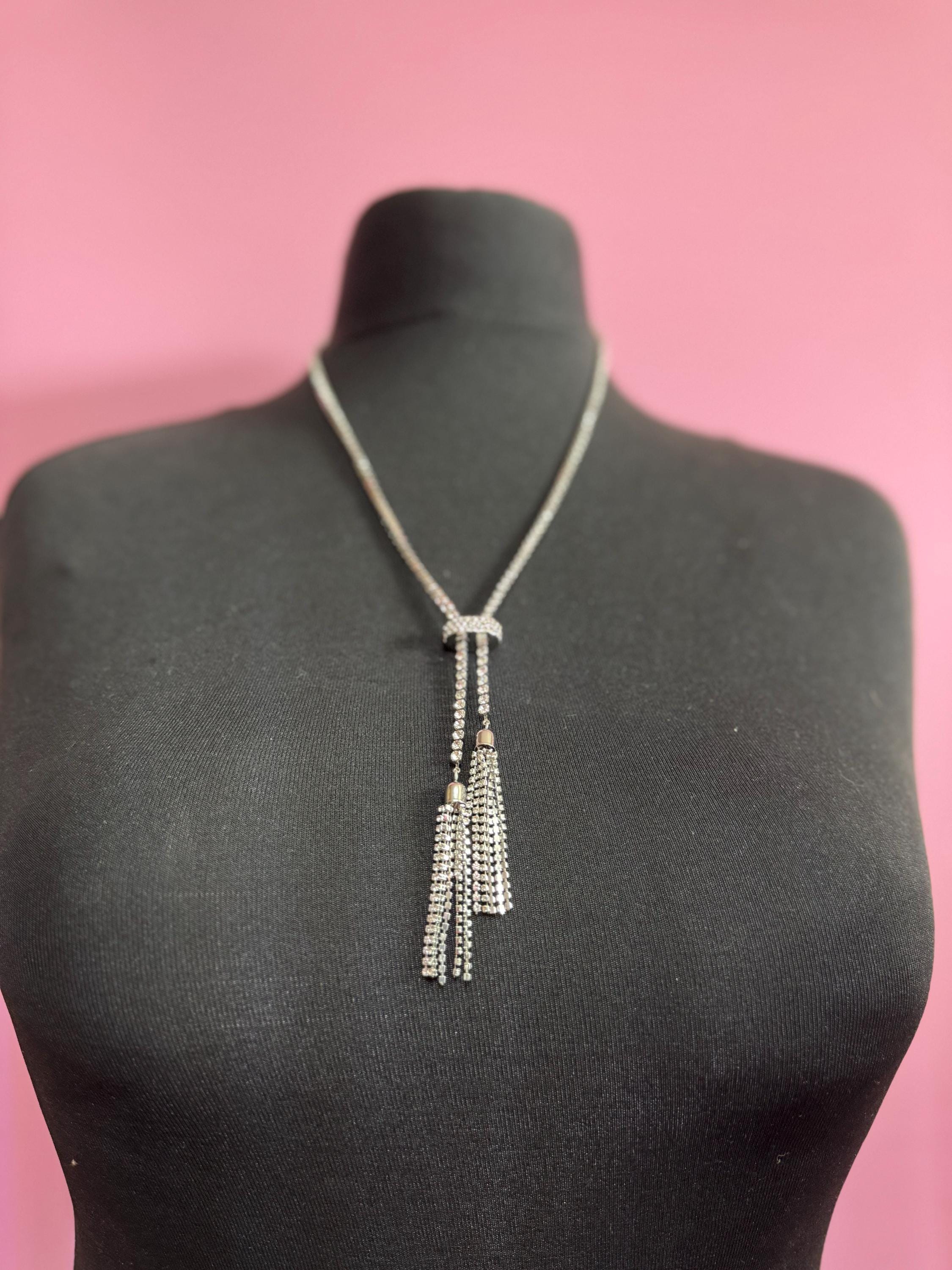 54-64cm retro clear diamanté rhinestone crystal silver tone drop tassel necklace 90s