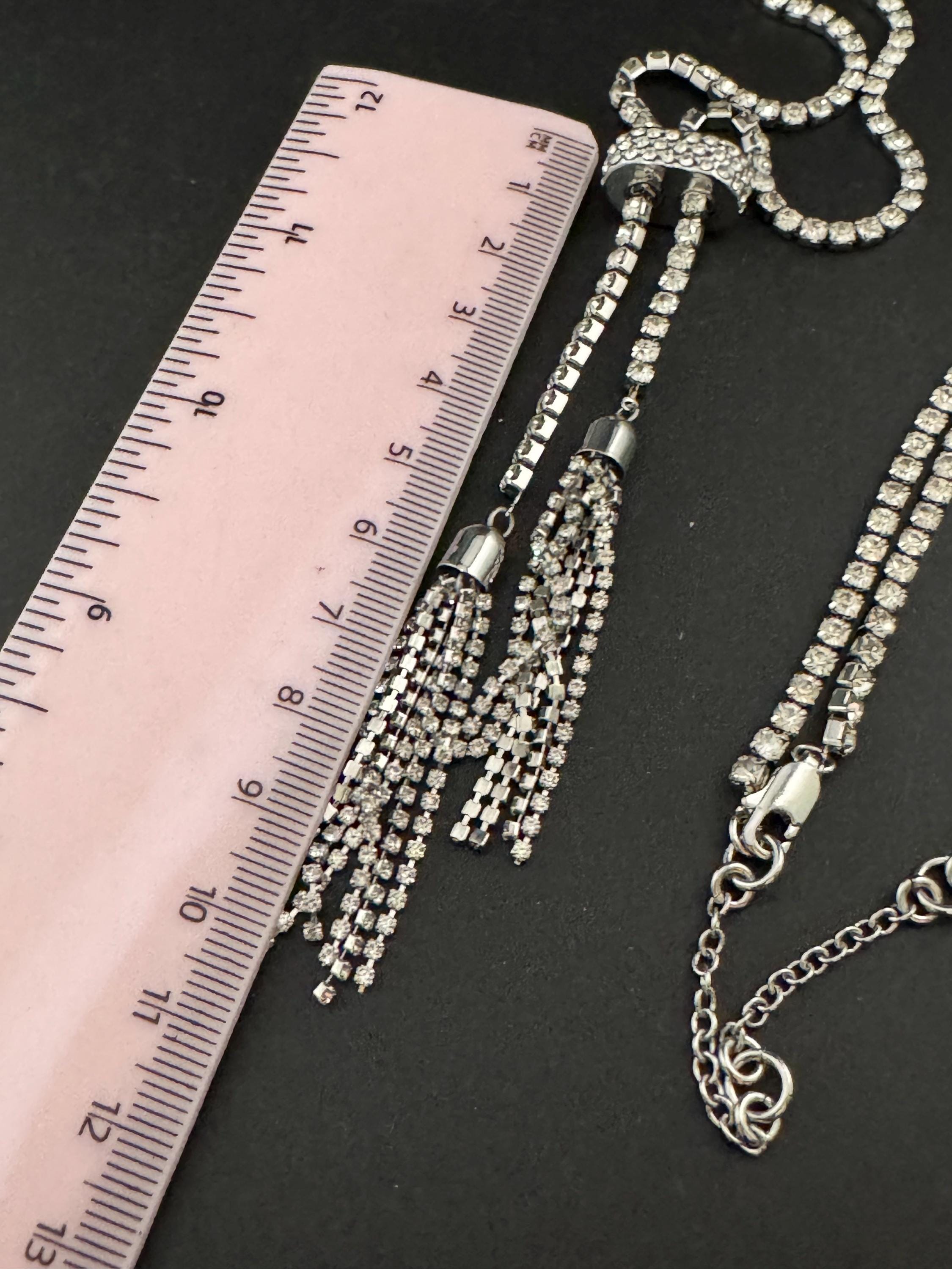 54-64cm retro clear diamanté rhinestone crystal silver tone drop tassel necklace 90s