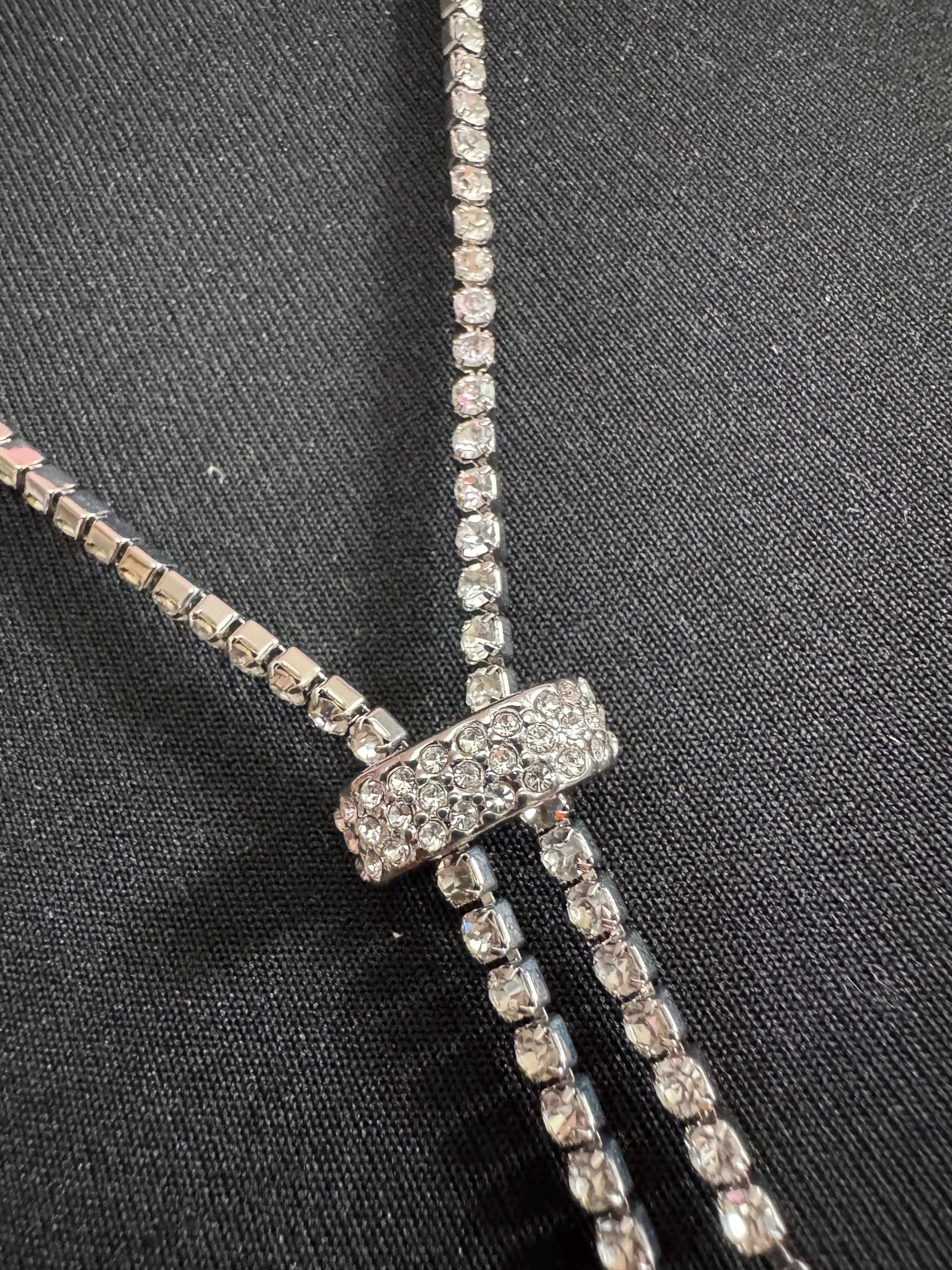 54-64cm retro clear diamanté rhinestone crystal silver tone drop tassel necklace 90s