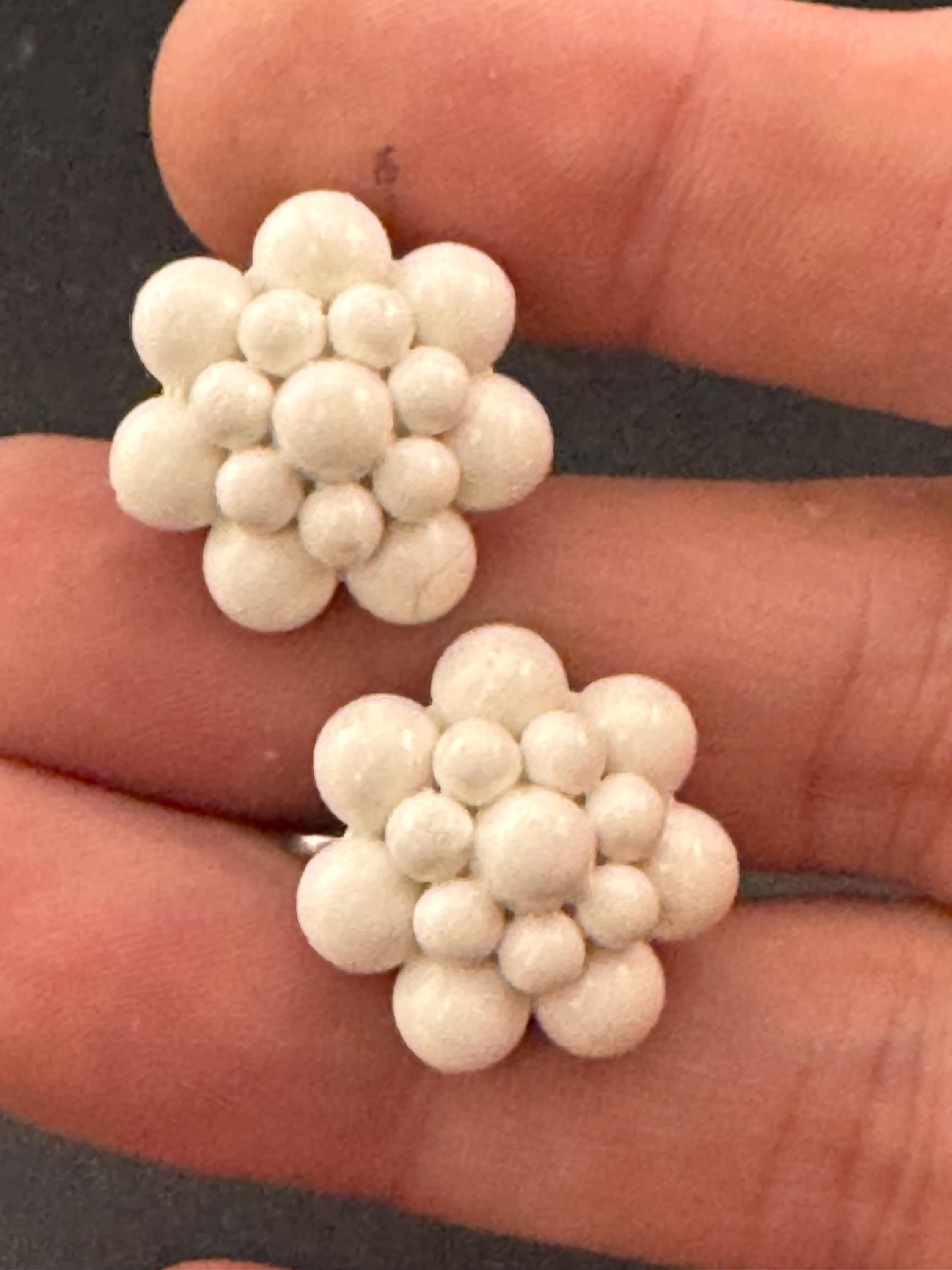 Vintage early plastic white floral screw back clip on earrings art deco