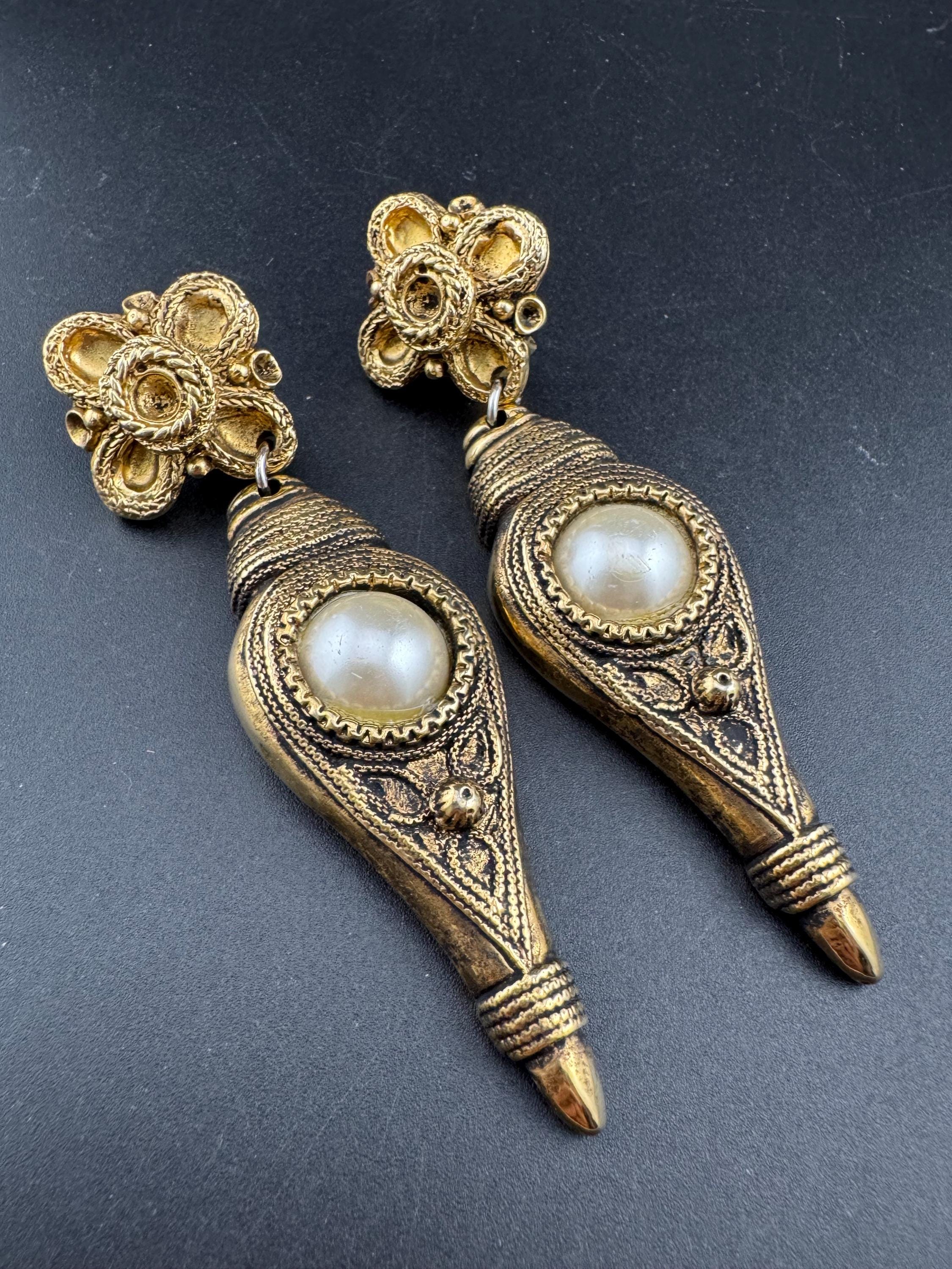 1980s signed Clare Deve huge high end oversized pair of faux pearl 11cm dangly drop clip on earrings , Paris designer gold resin