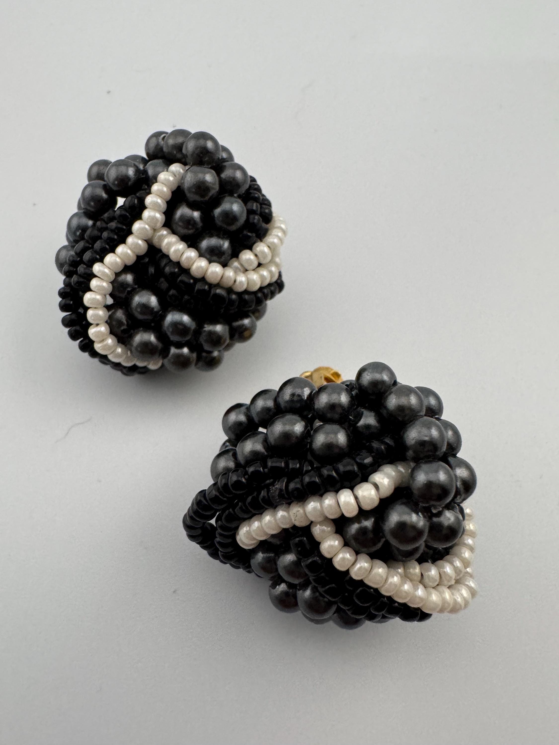 Black grey glass pearl seed bead turban clip on earrings vintage