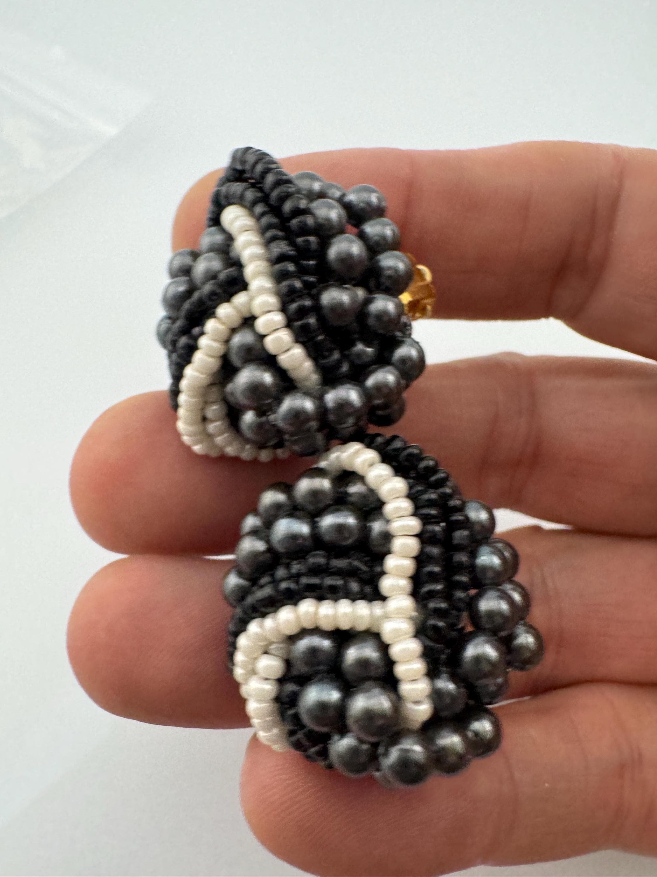 Black grey glass pearl seed bead turban clip on earrings vintage