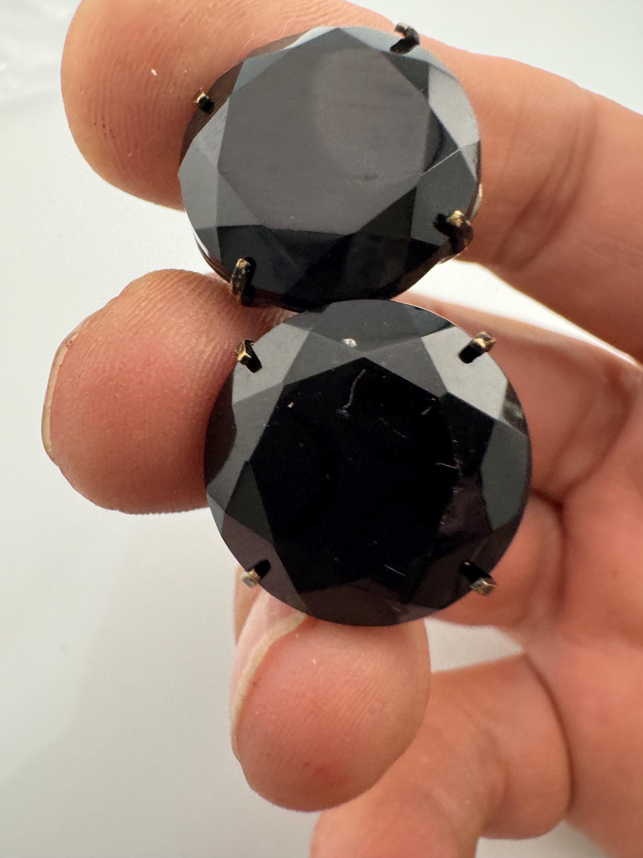 Vintage 2cm black glass round prong set rhinestone Clip On Earrings