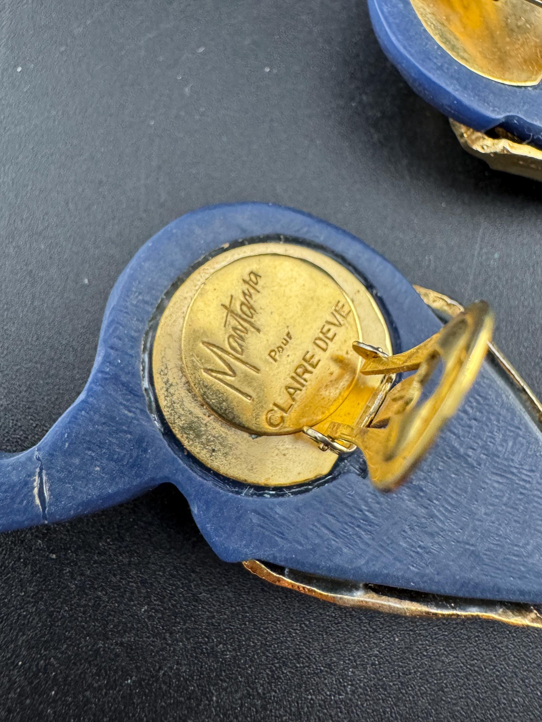1980s signed Clare Deve for Claude Montana high end oversized pair of blue gold resin clip on earrings , Paris designer