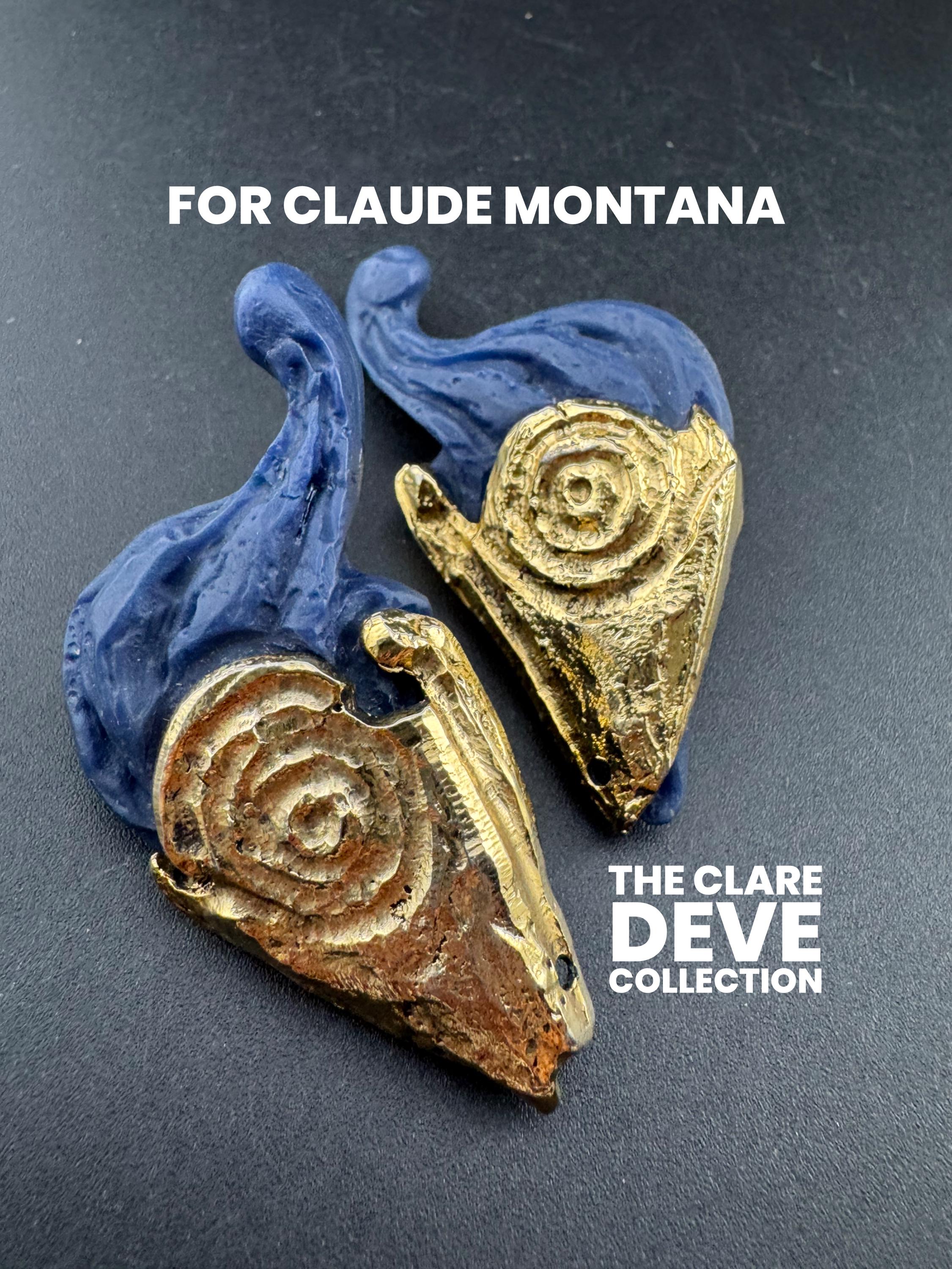 1980s signed Clare Deve for Claude Montana high end oversized pair of blue gold resin clip on earrings , Paris designer