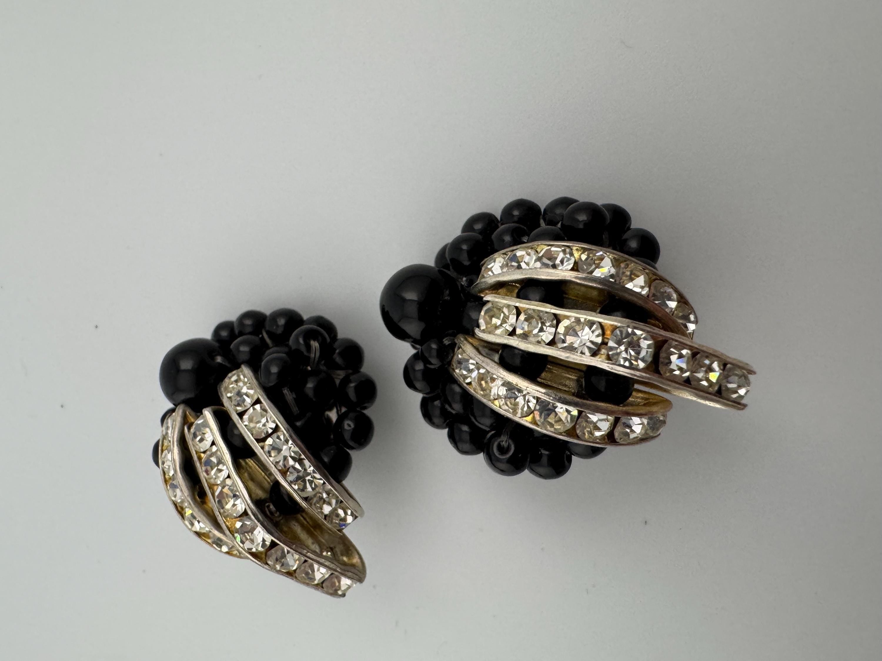 High end vintage Gold tone black beaded clear diamanté paste domed clip on earrings studs