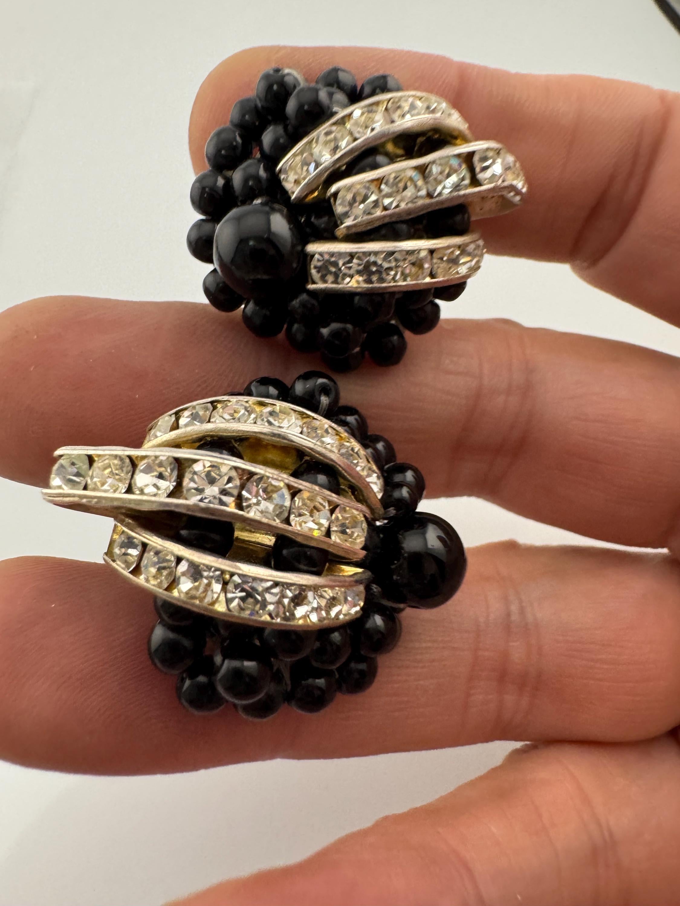 High end vintage Gold tone black beaded clear diamanté paste domed clip on earrings studs