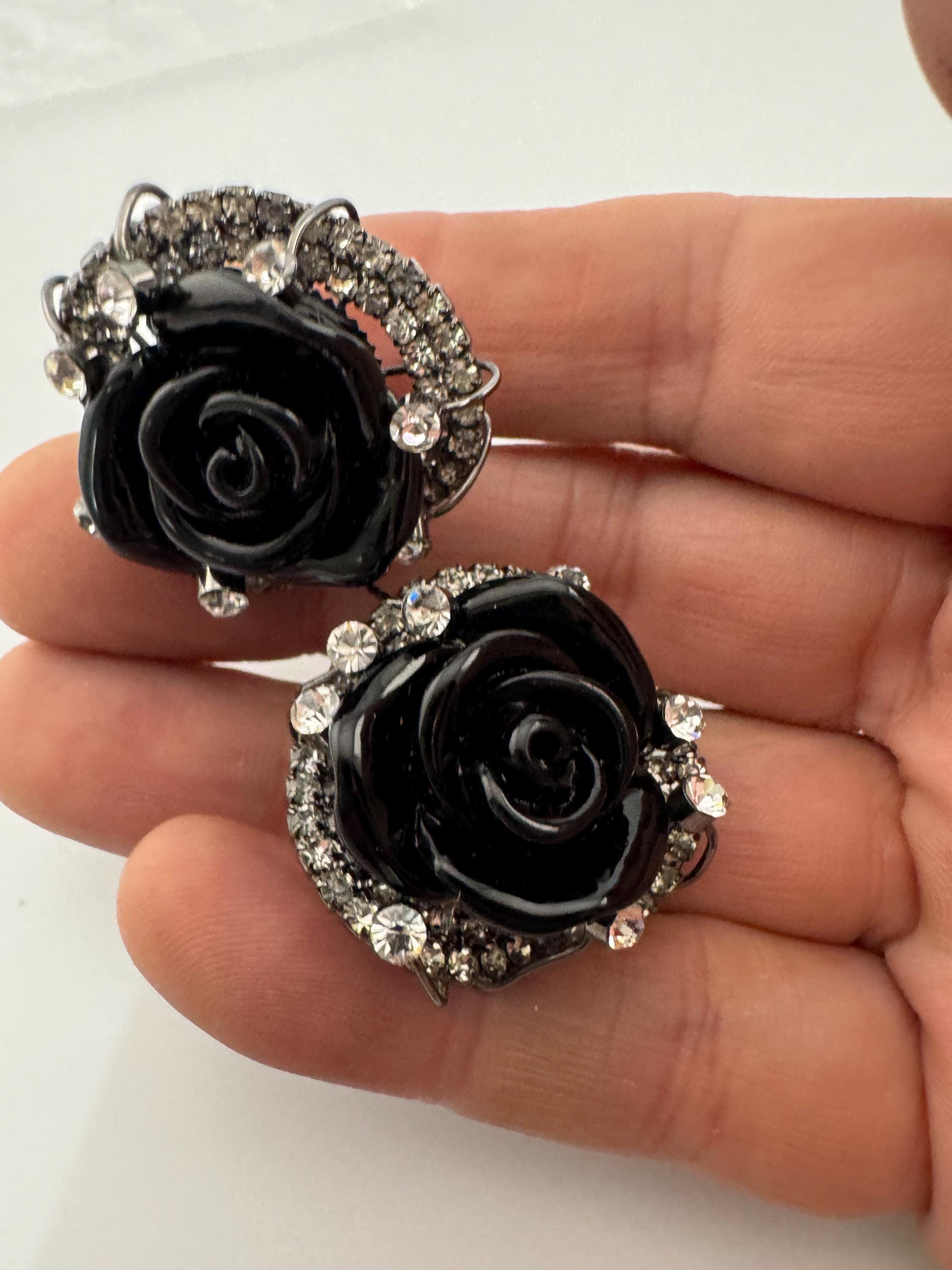 Retro dark grey metal black acrylic roses clear diamanté paste clip on earrings stud y2k