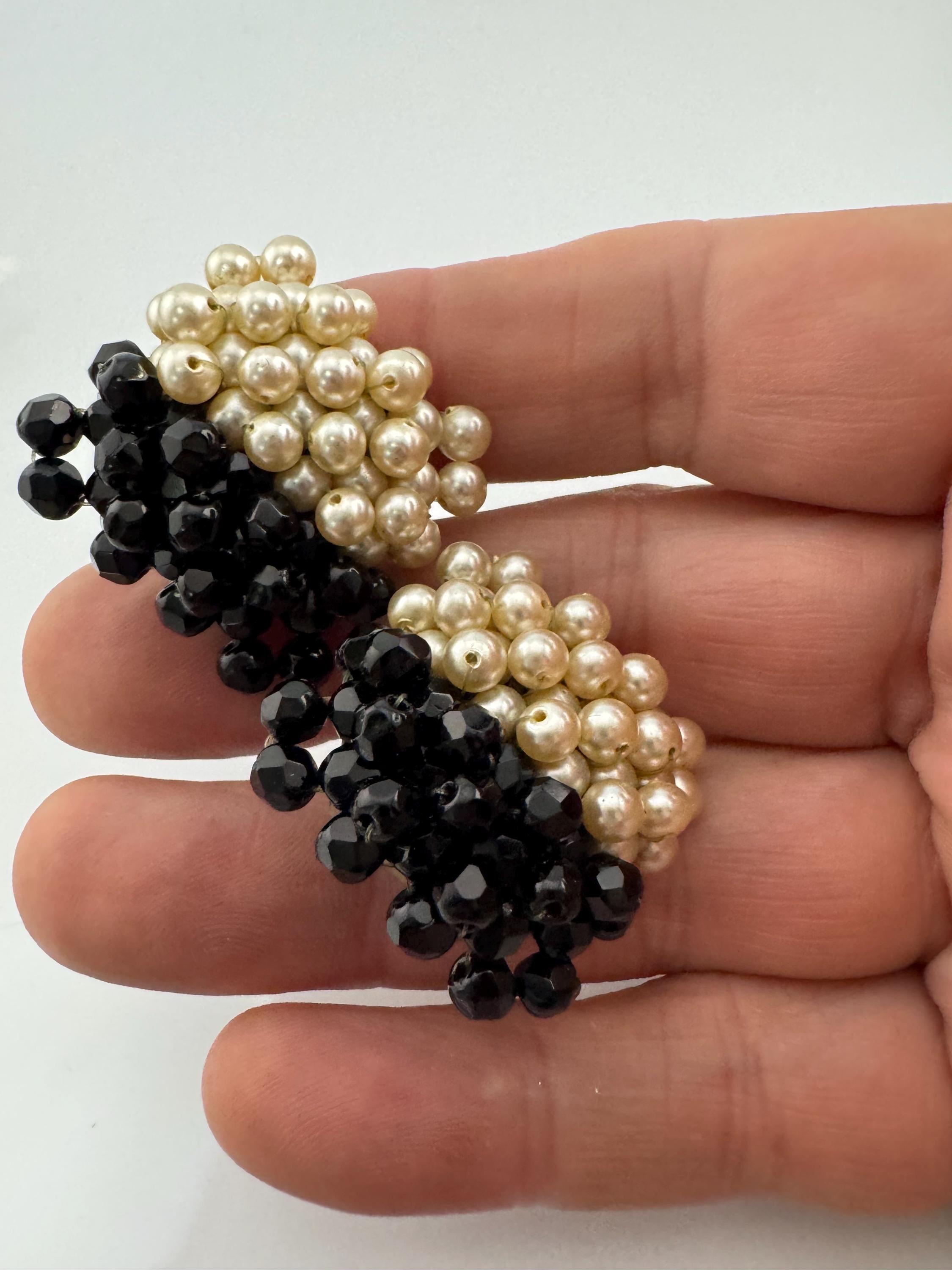 Vintage stylish Black glass and cream acrylic pearl beaded square clip on earrings