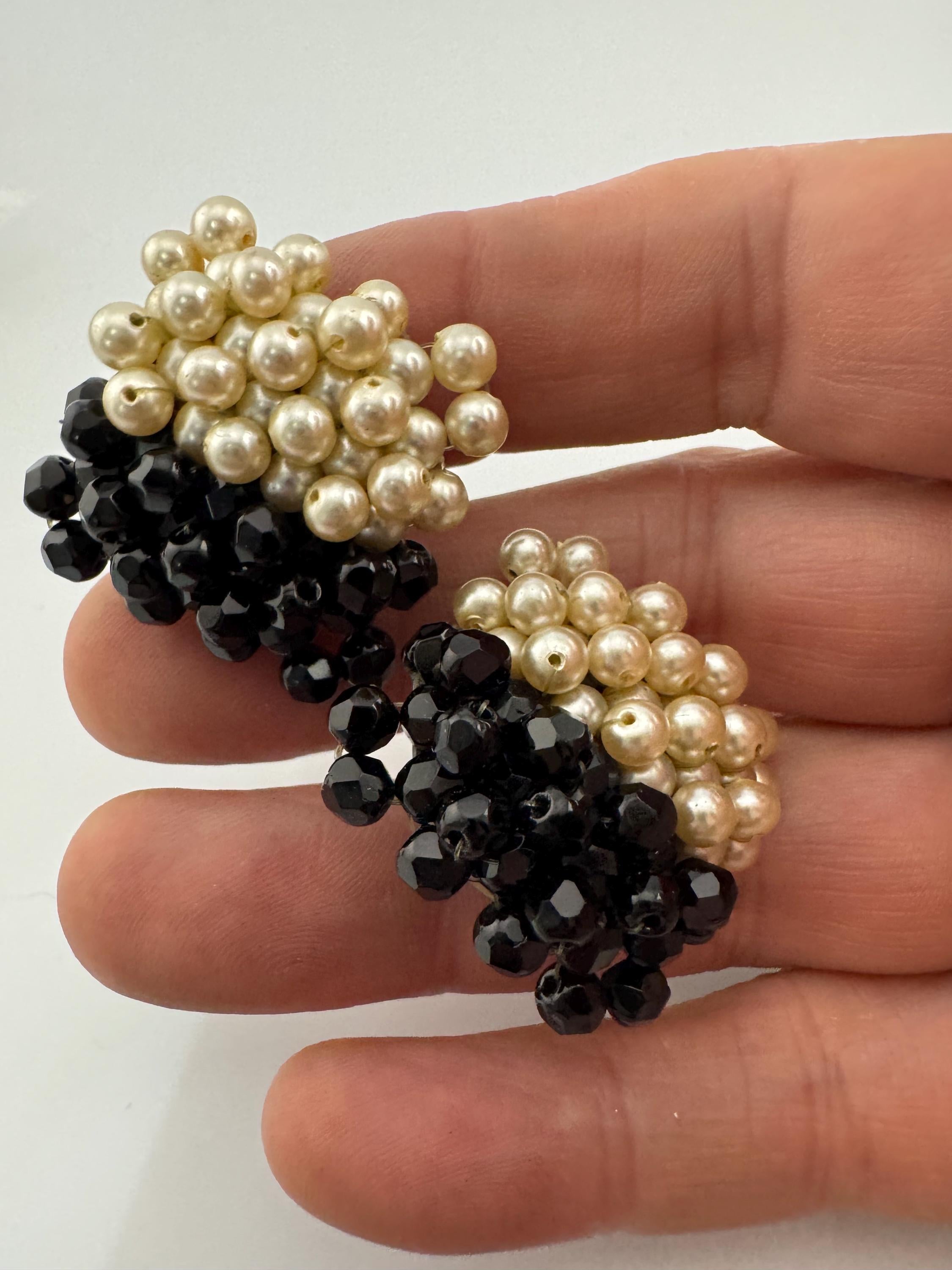 Vintage stylish Black glass and cream acrylic pearl beaded square clip on earrings