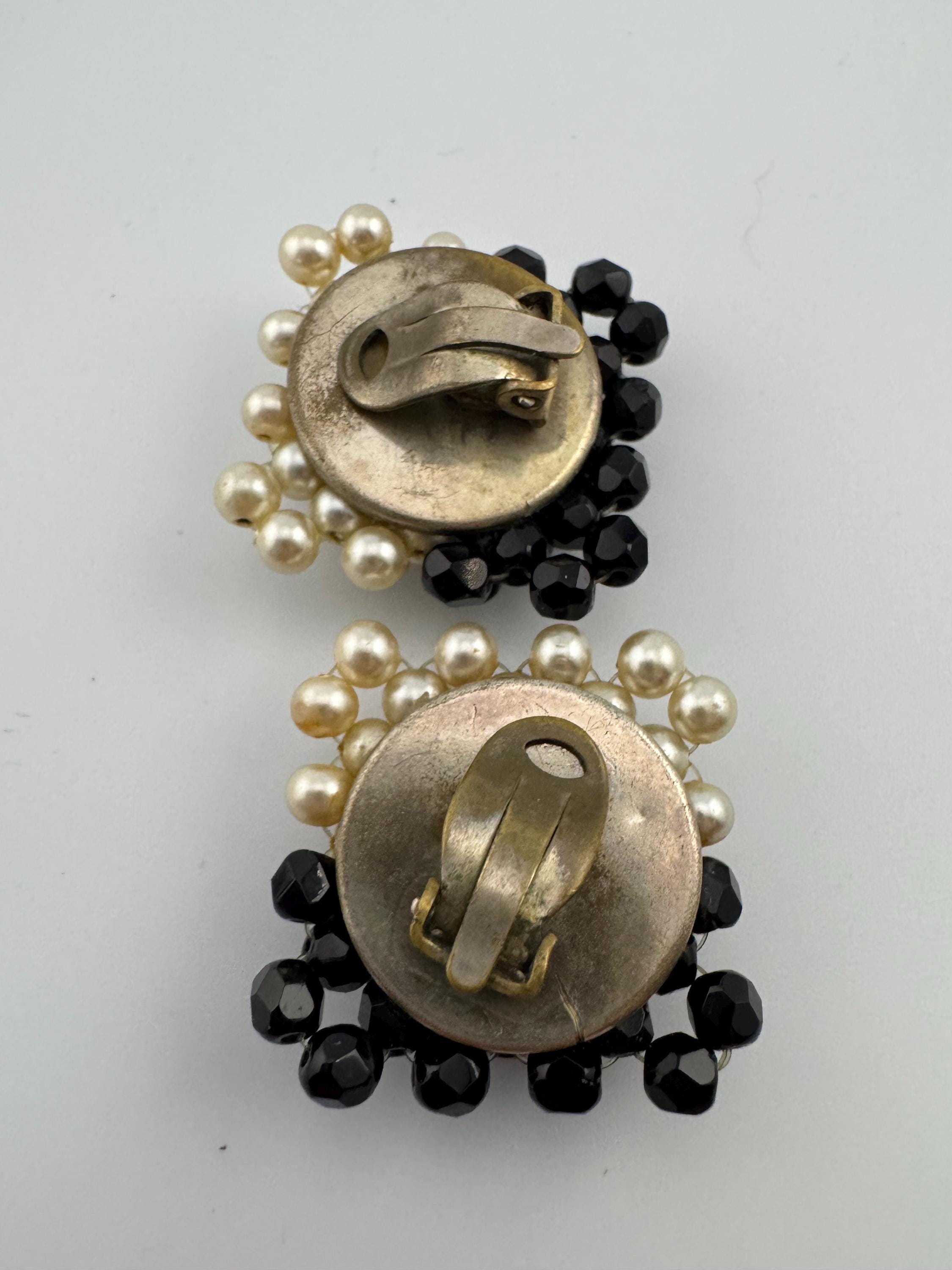 Vintage stylish Black glass and cream acrylic pearl beaded square clip on earrings