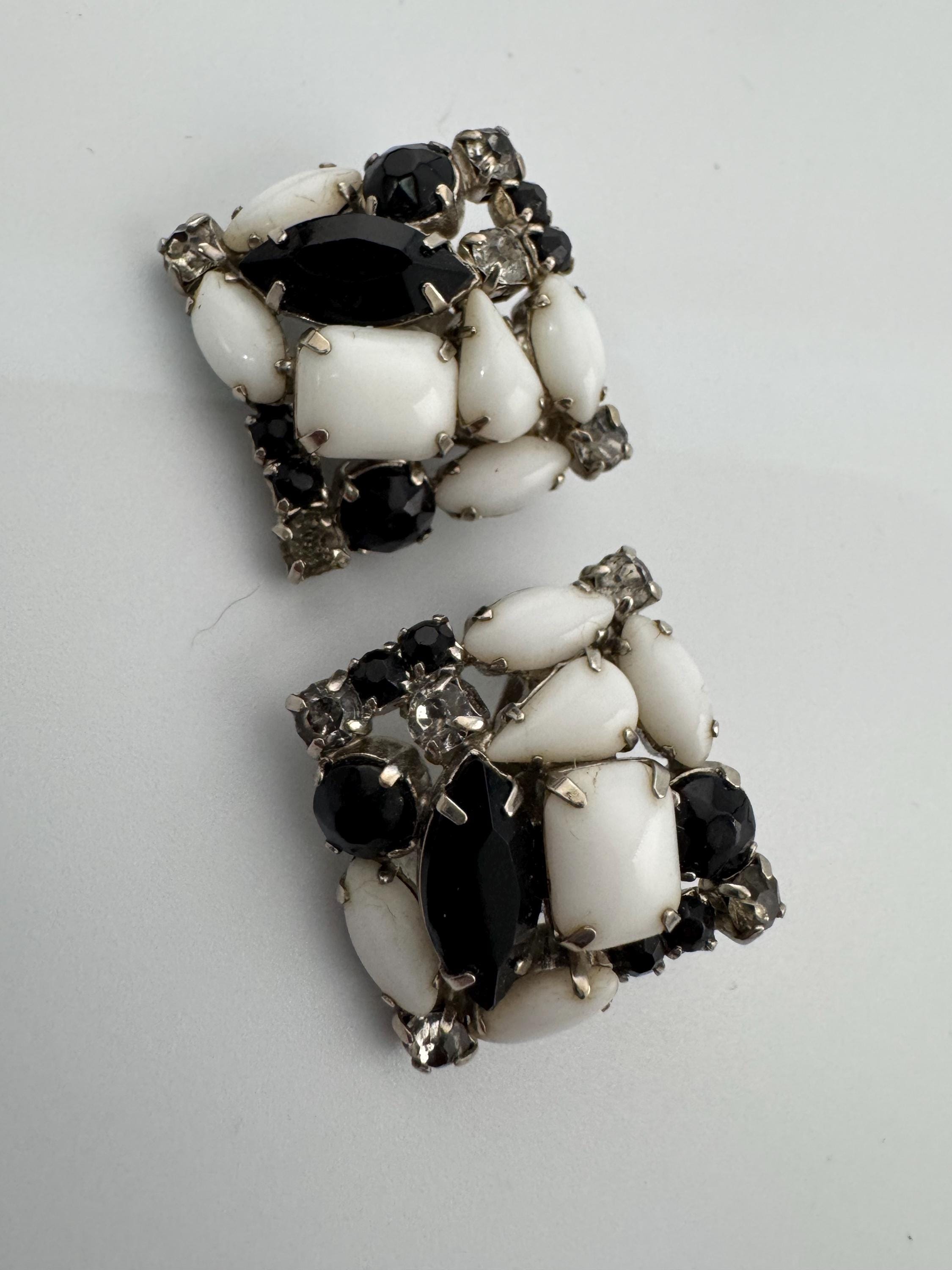 Vintage Black and white milk glass monochrome diamanté square rhinestone Clip On Earrings studs silver tone