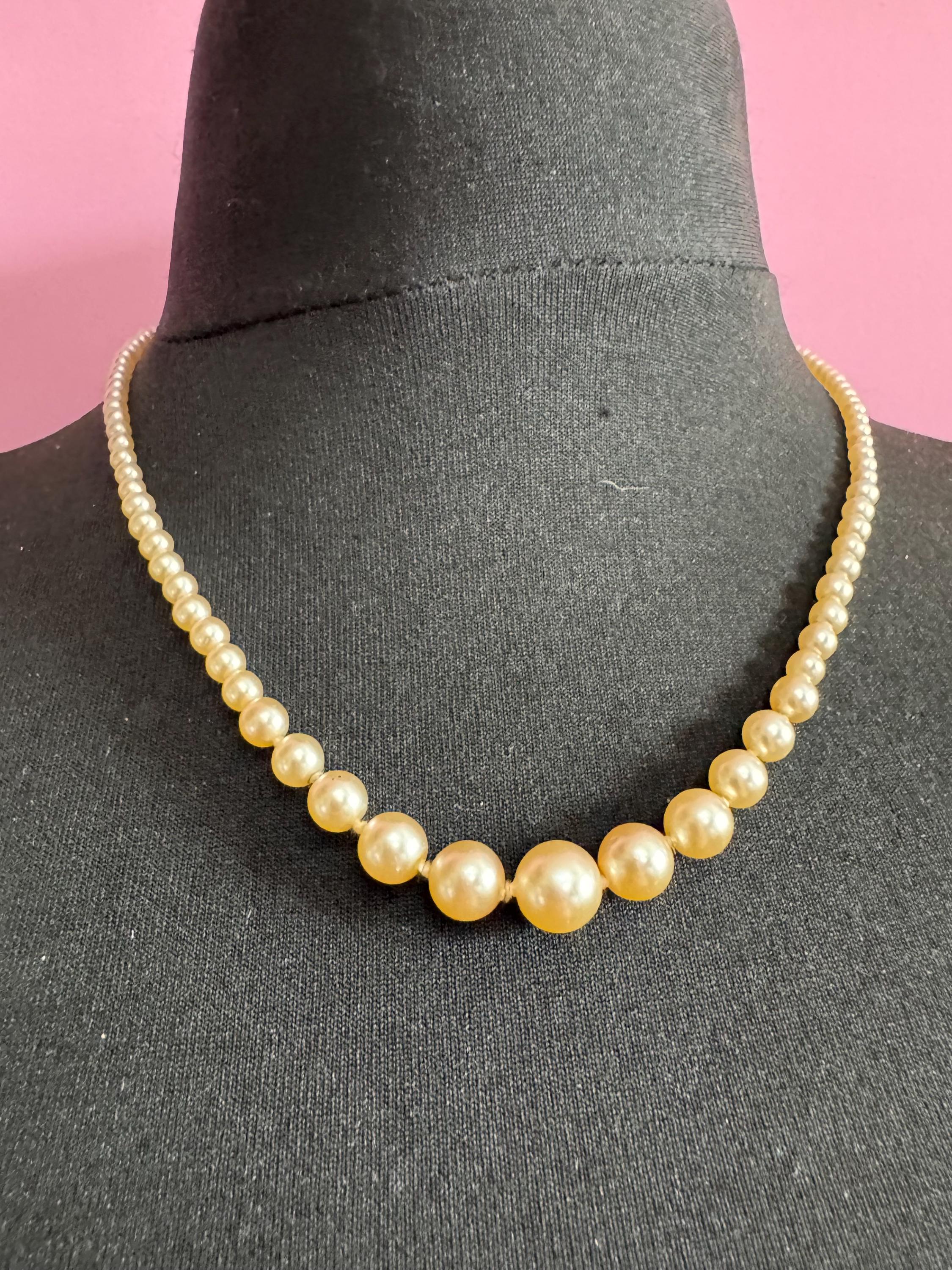 Signed damart vintage cream glass pearl necklace silver tone 50cm graduated beads