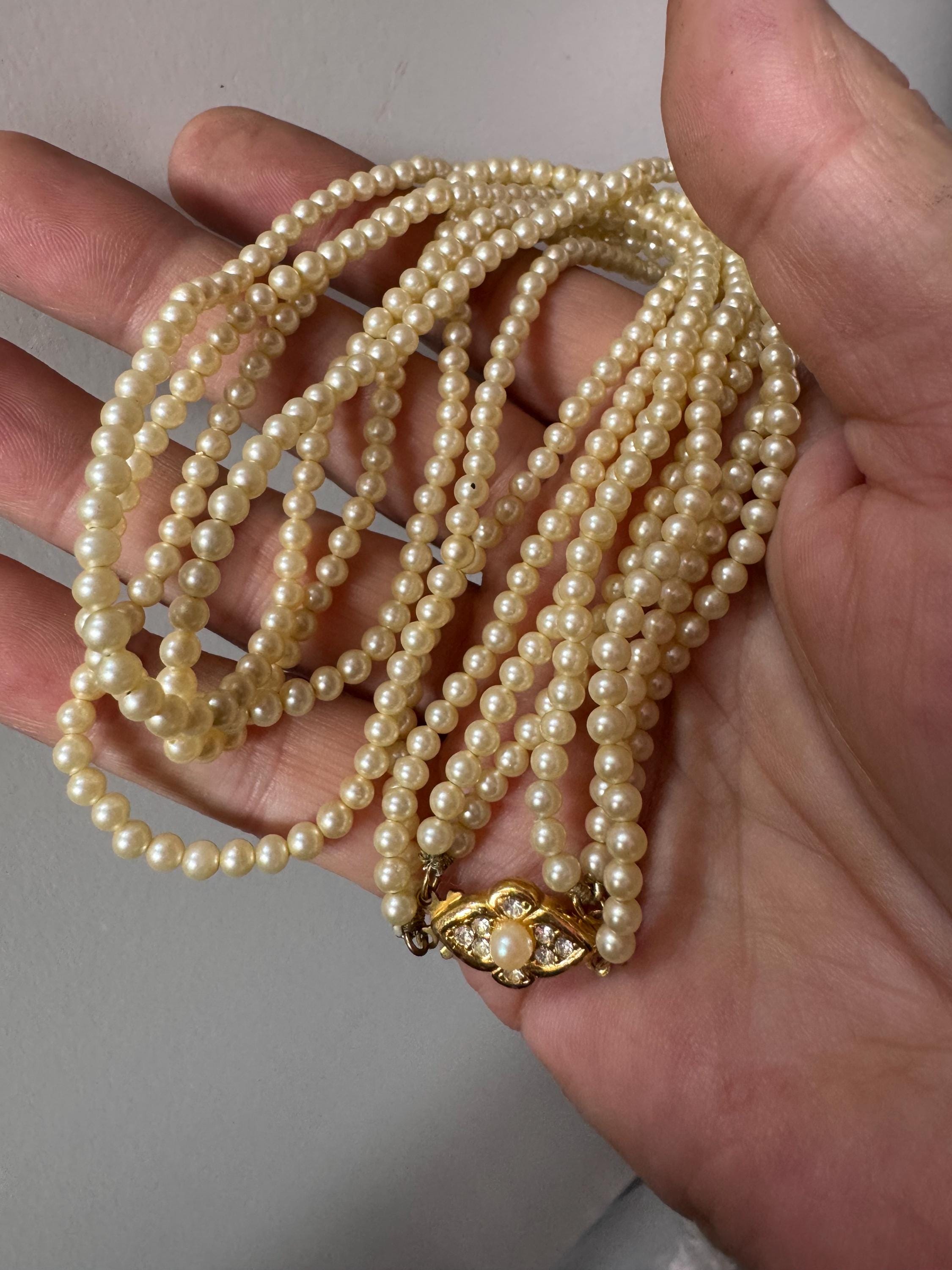 vintage 4 row multistrand small glass Pearl choker necklace gold tone clasp