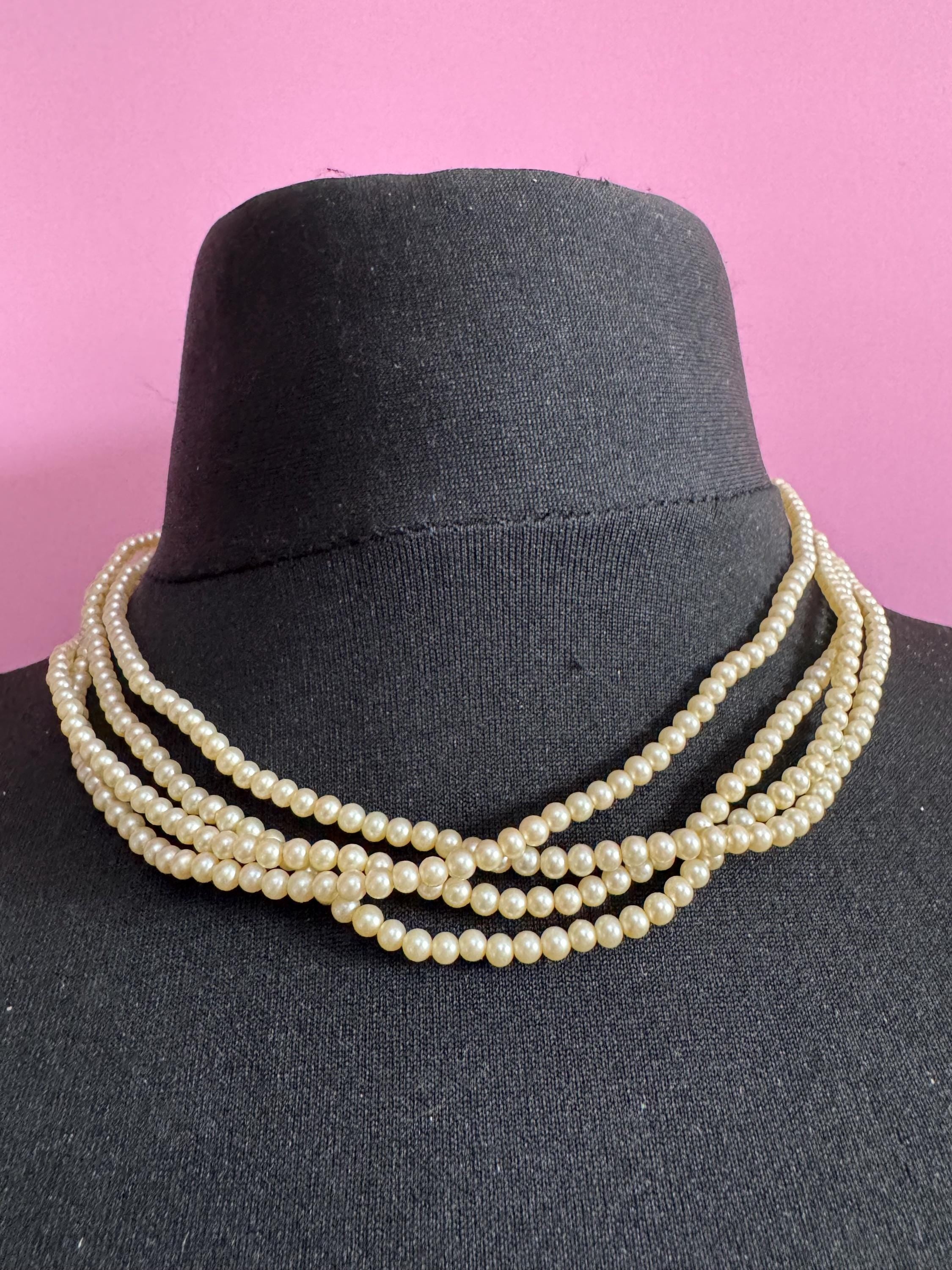 vintage 4 row multistrand small glass Pearl choker necklace gold tone clasp
