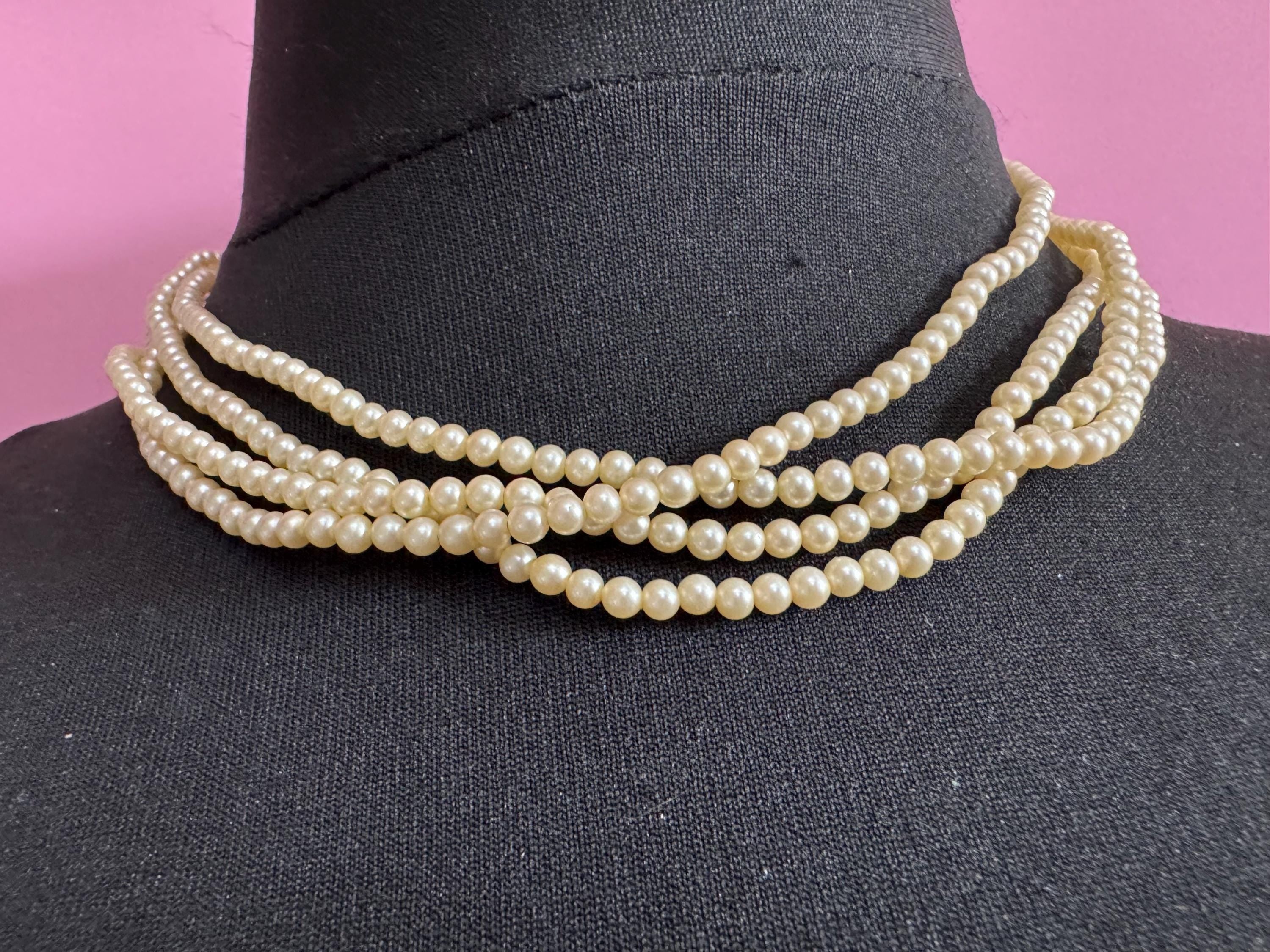 vintage 4 row multistrand small glass Pearl choker necklace gold tone clasp