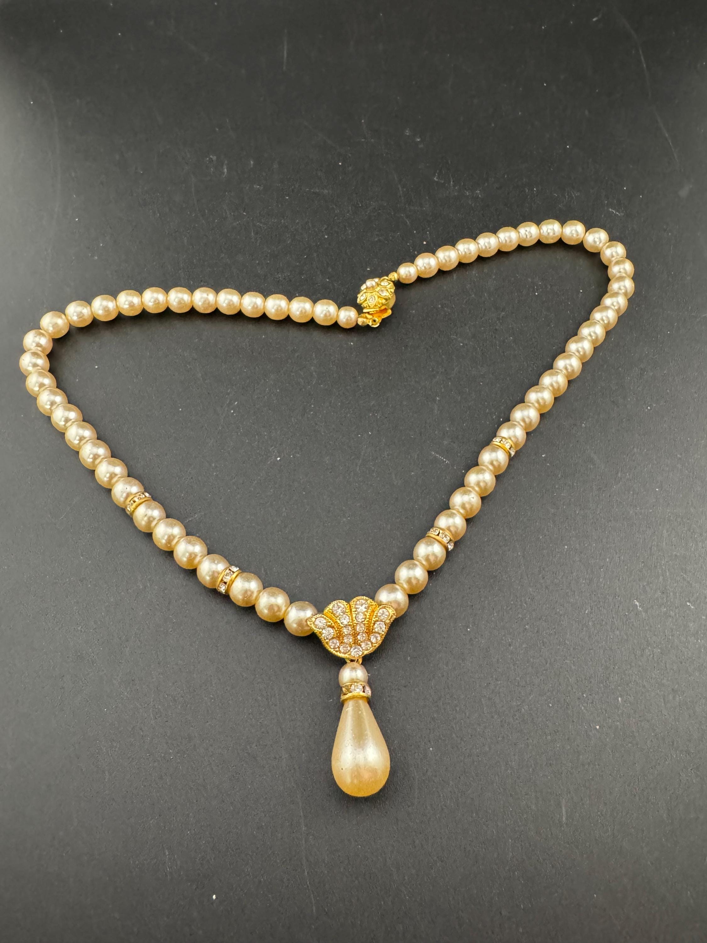Vintage Faux glass Pearl teardrop necklace rhinestone and crystal rondelle set pendant 44cm