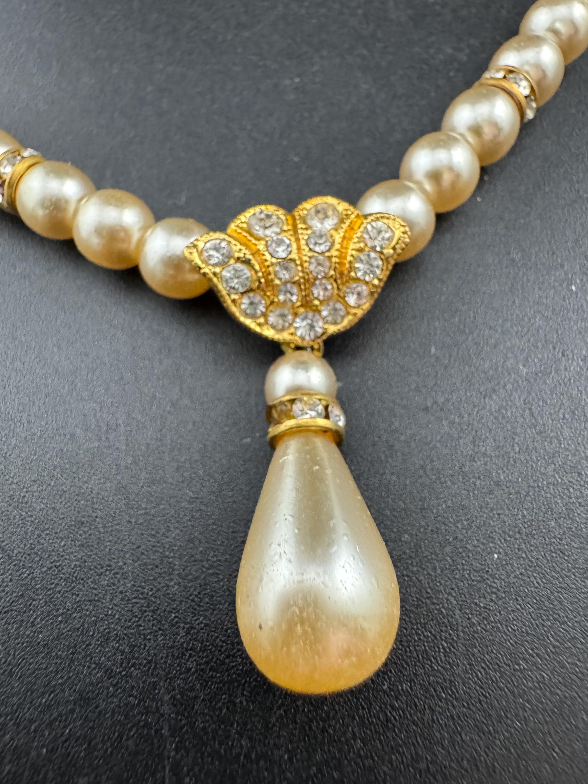Vintage Faux glass Pearl teardrop necklace rhinestone and crystal rondelle set pendant 44cm