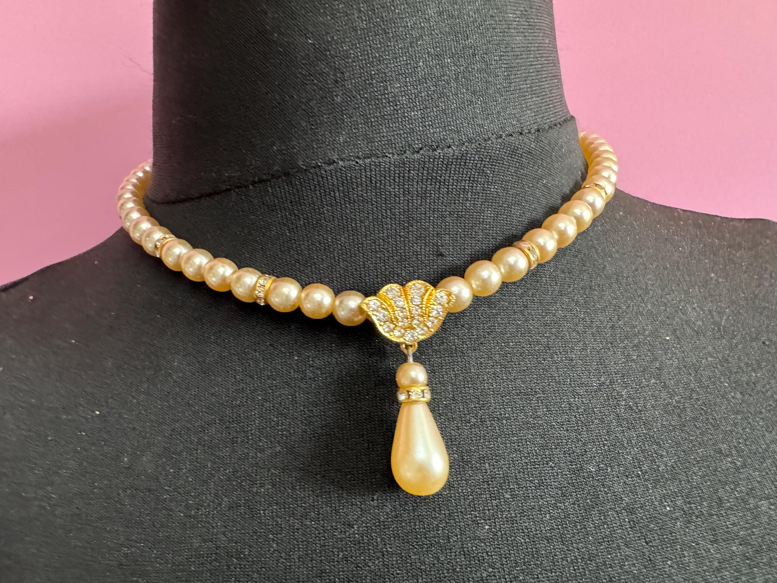 Vintage Faux glass Pearl teardrop necklace rhinestone and crystal rondelle set pendant 44cm