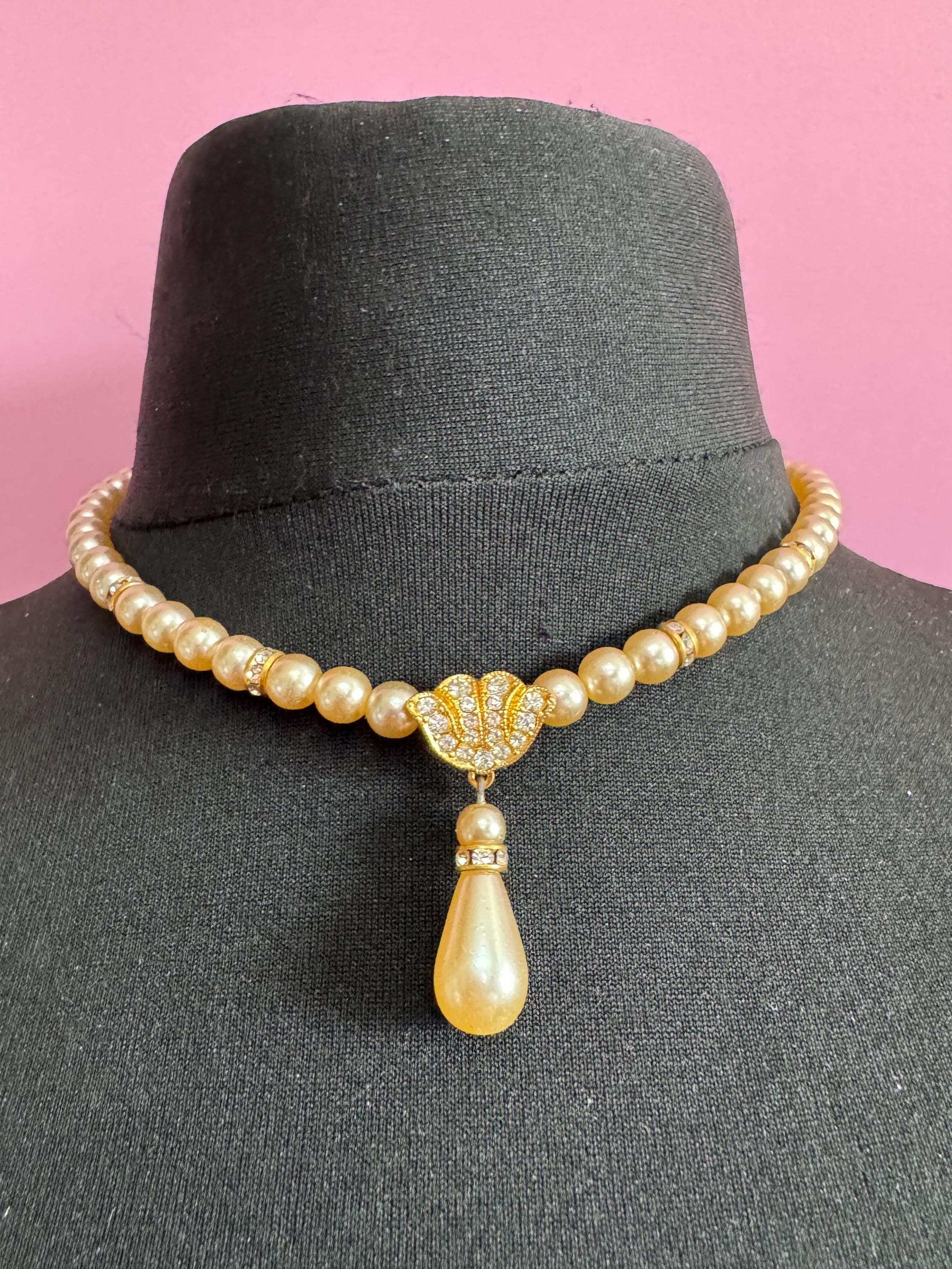 Vintage Faux glass Pearl teardrop necklace rhinestone and crystal rondelle set pendant 44cm