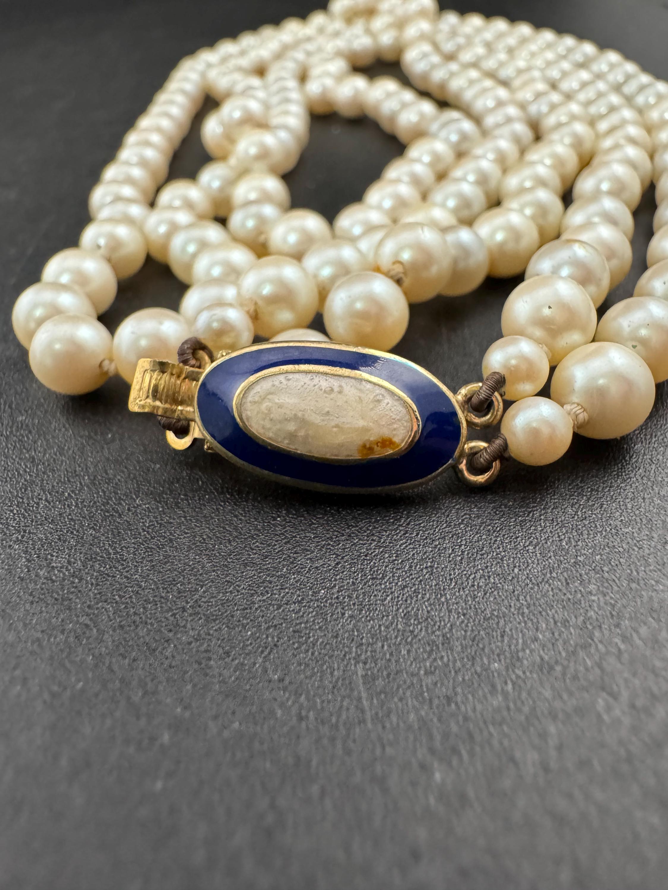 Cream Knotted Glass Pearl Necklace: Gold Plated Enamel Clasp