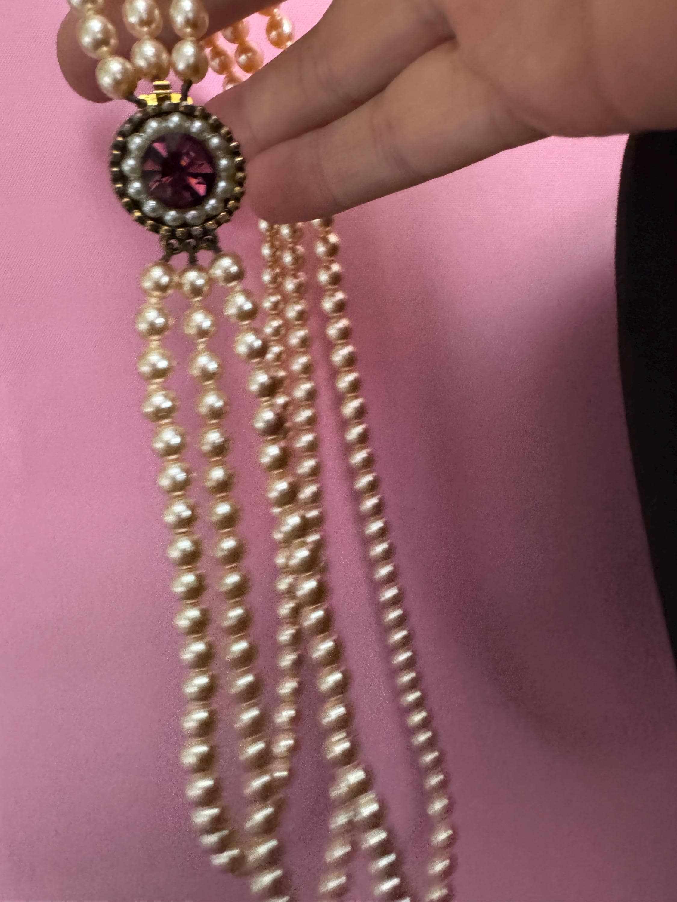 Petite fit  40cm 3 row Cream glass pearl choker necklace with pink rhinestone and seed pearl ornate clasp