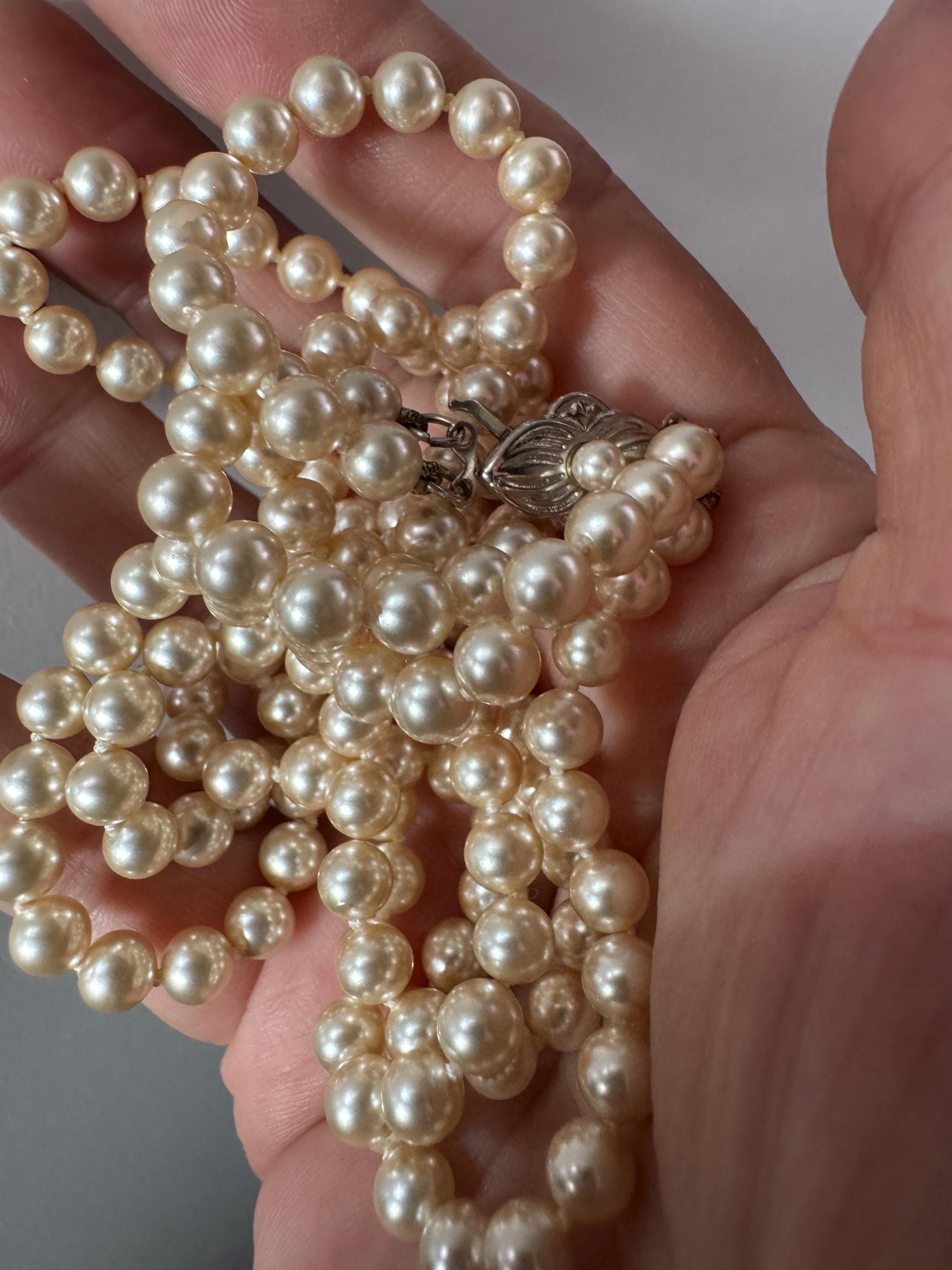 Vintage Double Strand Glass Pearl Necklace: Diamanté Clasp, 50cm