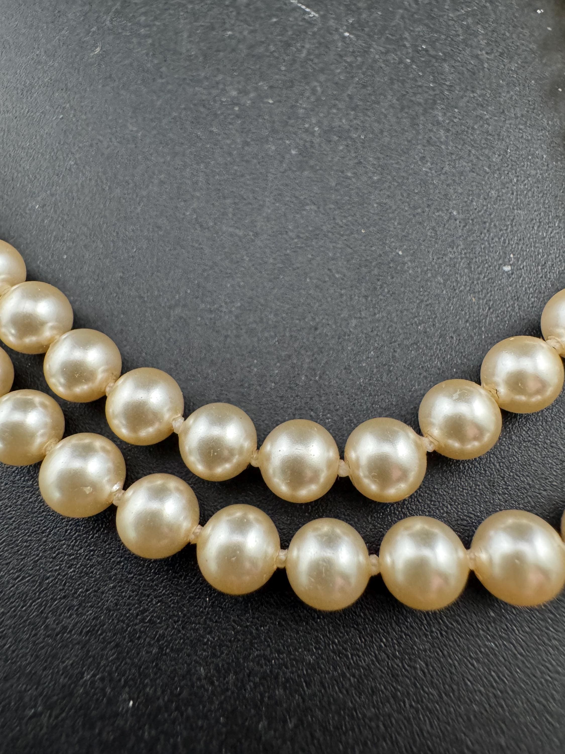 Vintage Double Strand Glass Pearl Necklace: Diamanté Clasp, 50cm