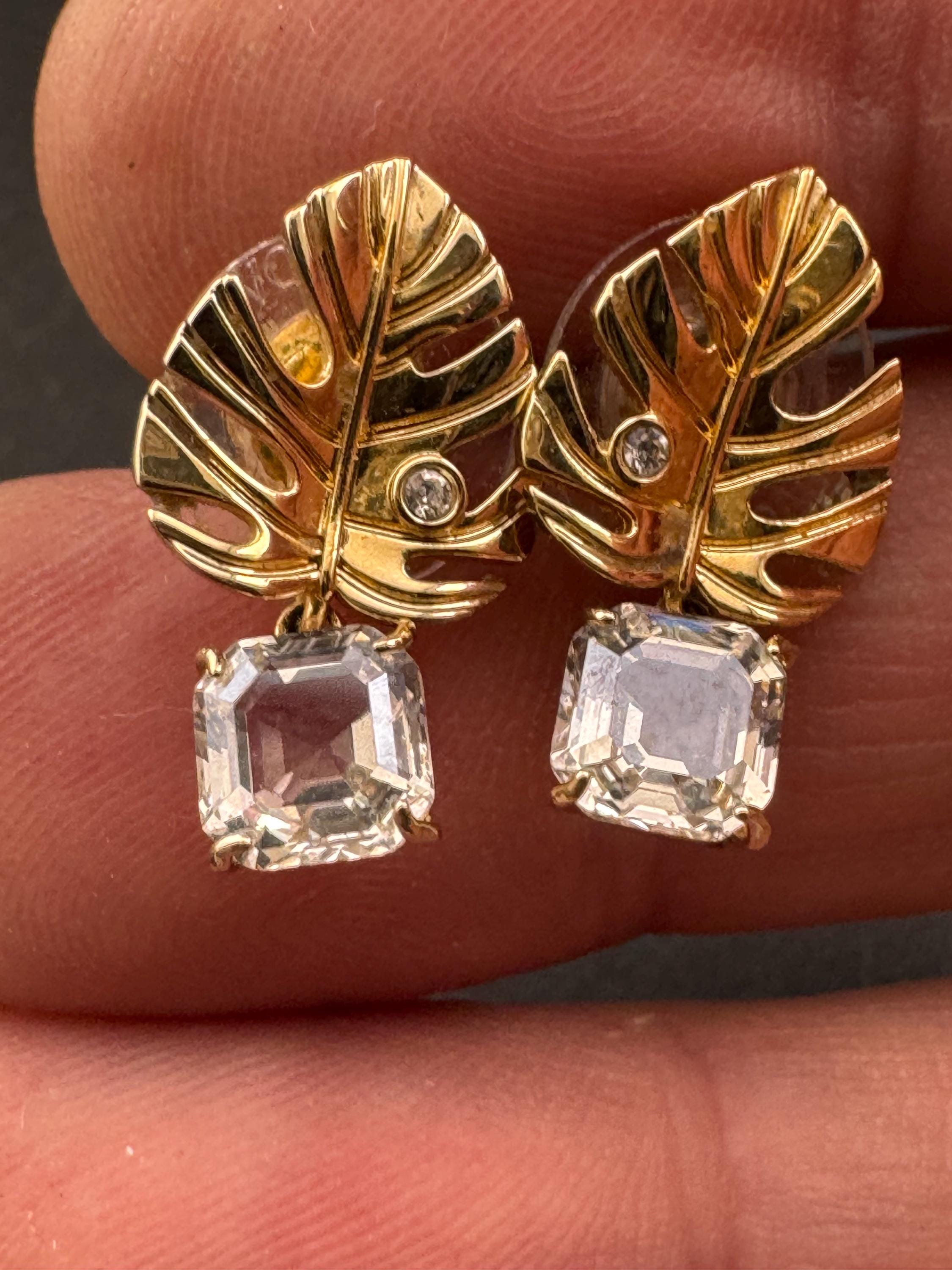 Signed Swarovski gold plated small clear crystal palm leaf pierced drop earrings