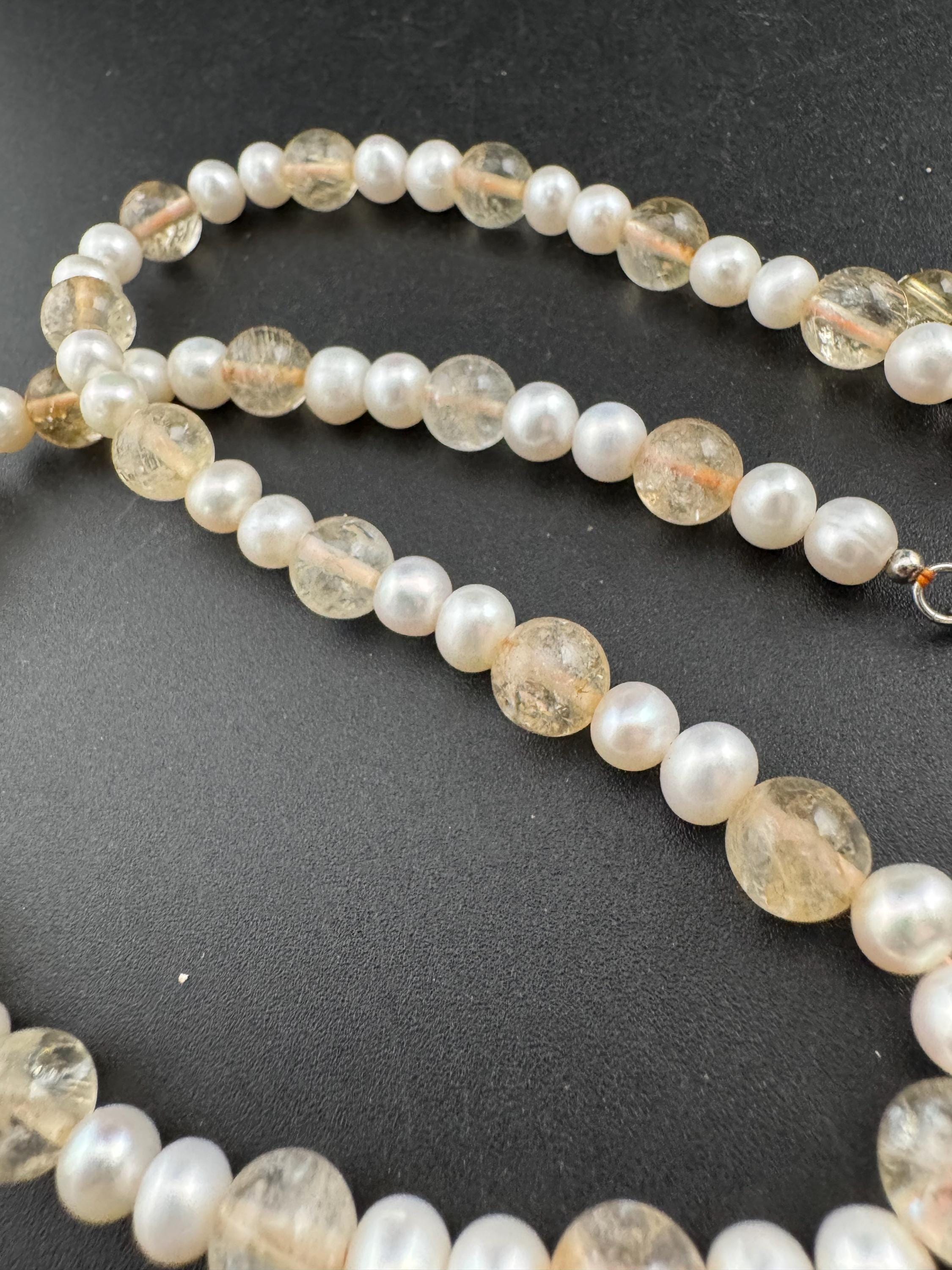 925 clasp Vintage White cream Natural freshwater pearl and peach gemstone beaded collar necklace