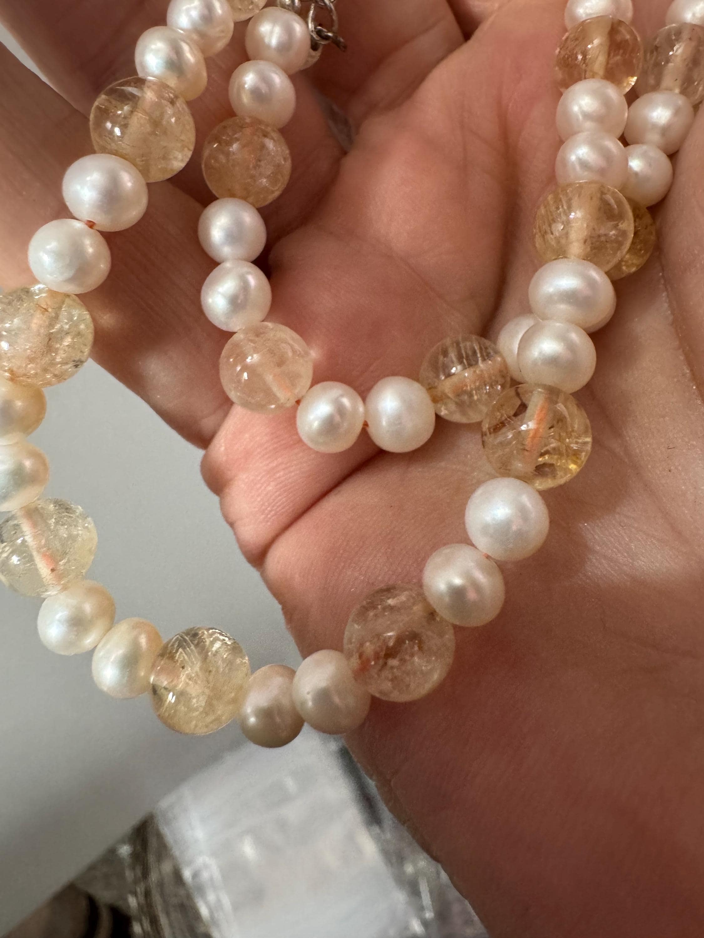 925 clasp Vintage White cream Natural freshwater pearl and peach gemstone beaded collar necklace