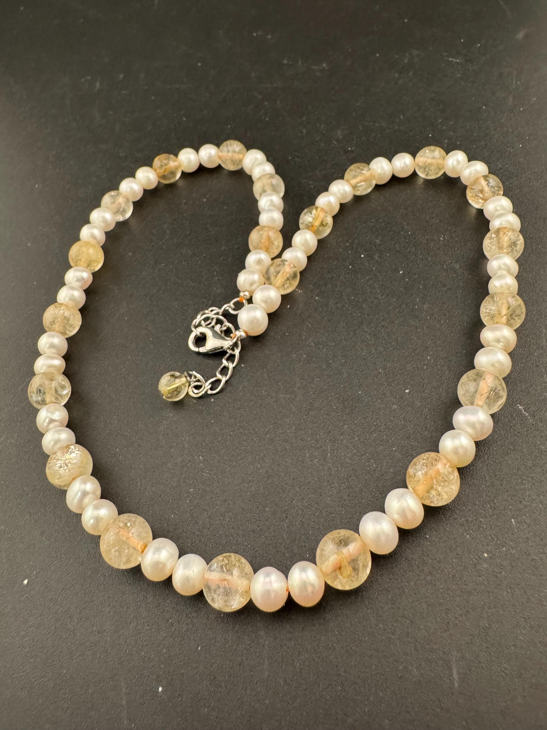 925 clasp Vintage White cream Natural freshwater pearl and peach gemstone beaded collar necklace