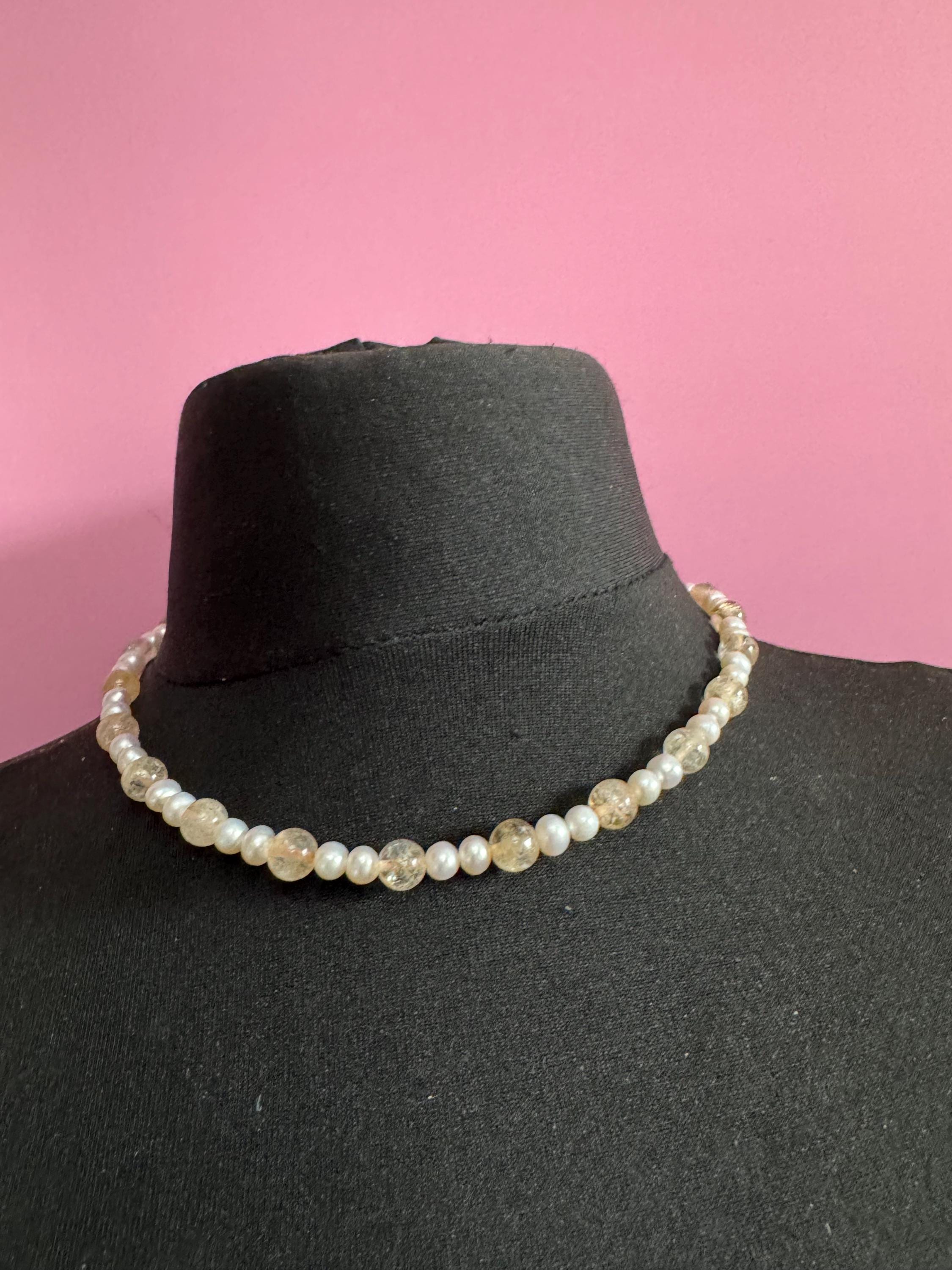 925 clasp Vintage White cream Natural freshwater pearl and peach gemstone beaded collar necklace