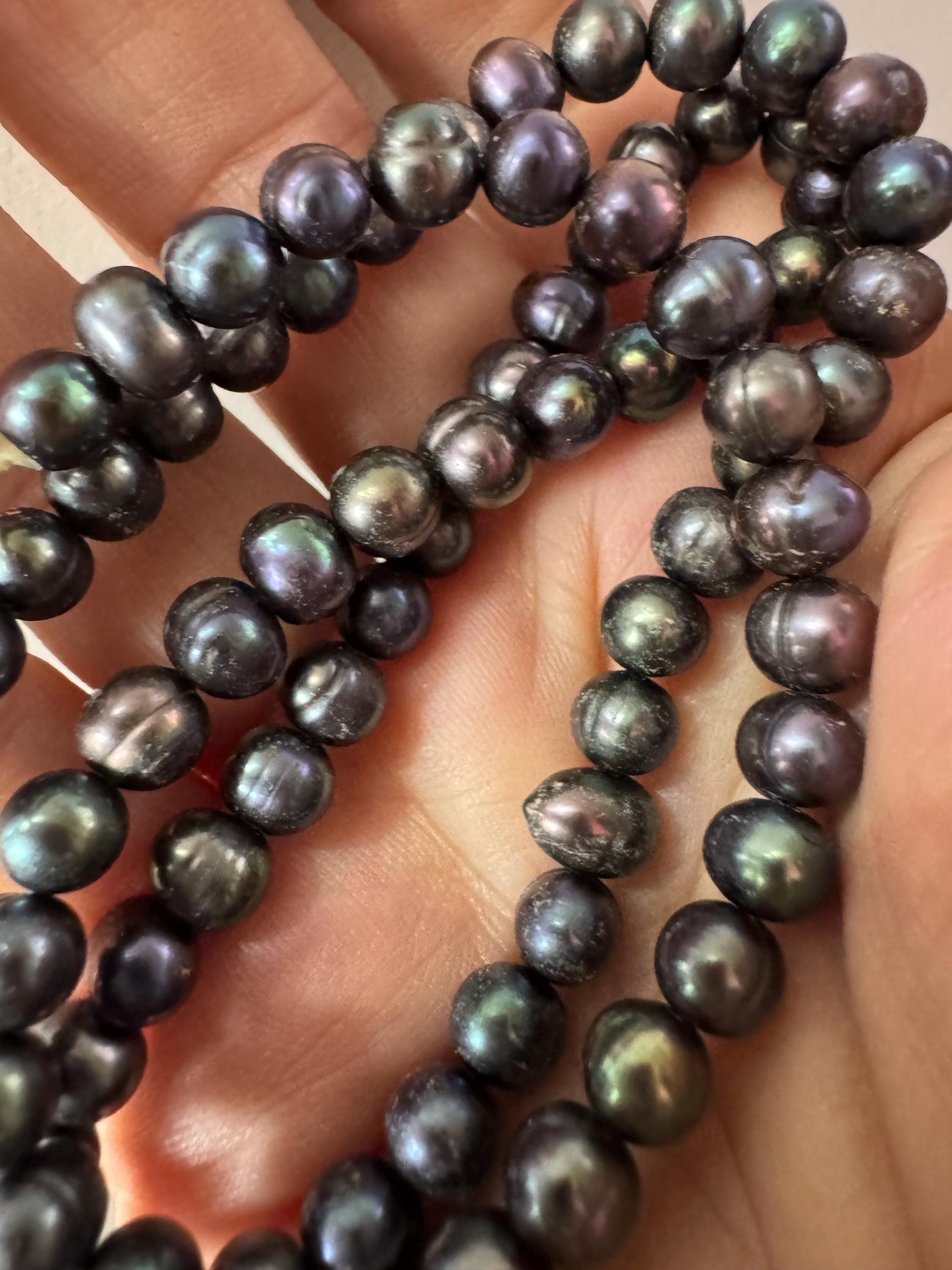 Vintage 925 silver clasp,  dyed freshwater pearl Petrol blue to grey glass knotted pearl necklace 48cm