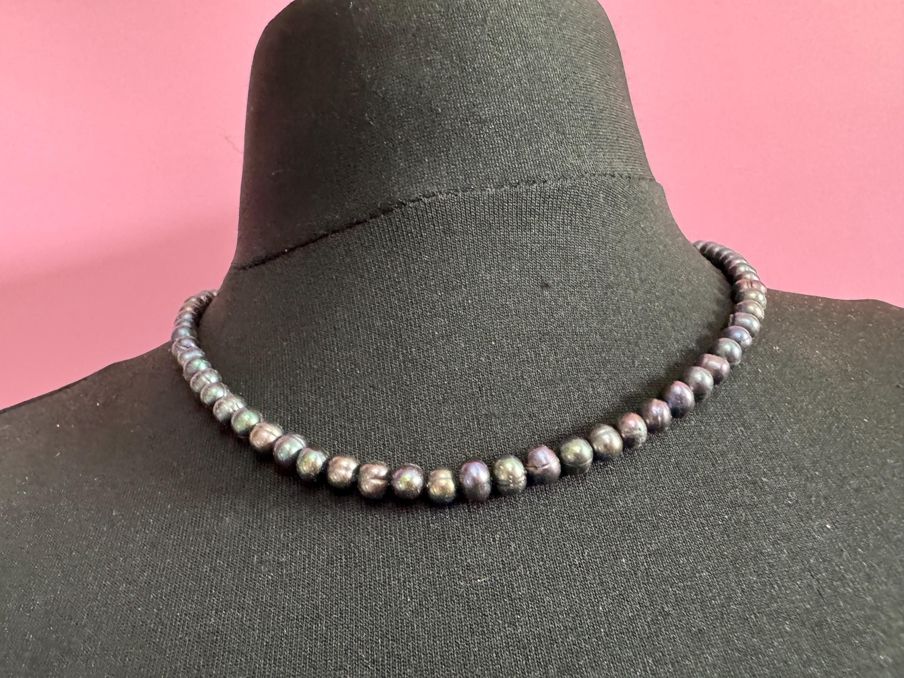 Vintage 925 silver clasp,  dyed freshwater pearl Petrol blue to grey glass knotted pearl necklace 48cm