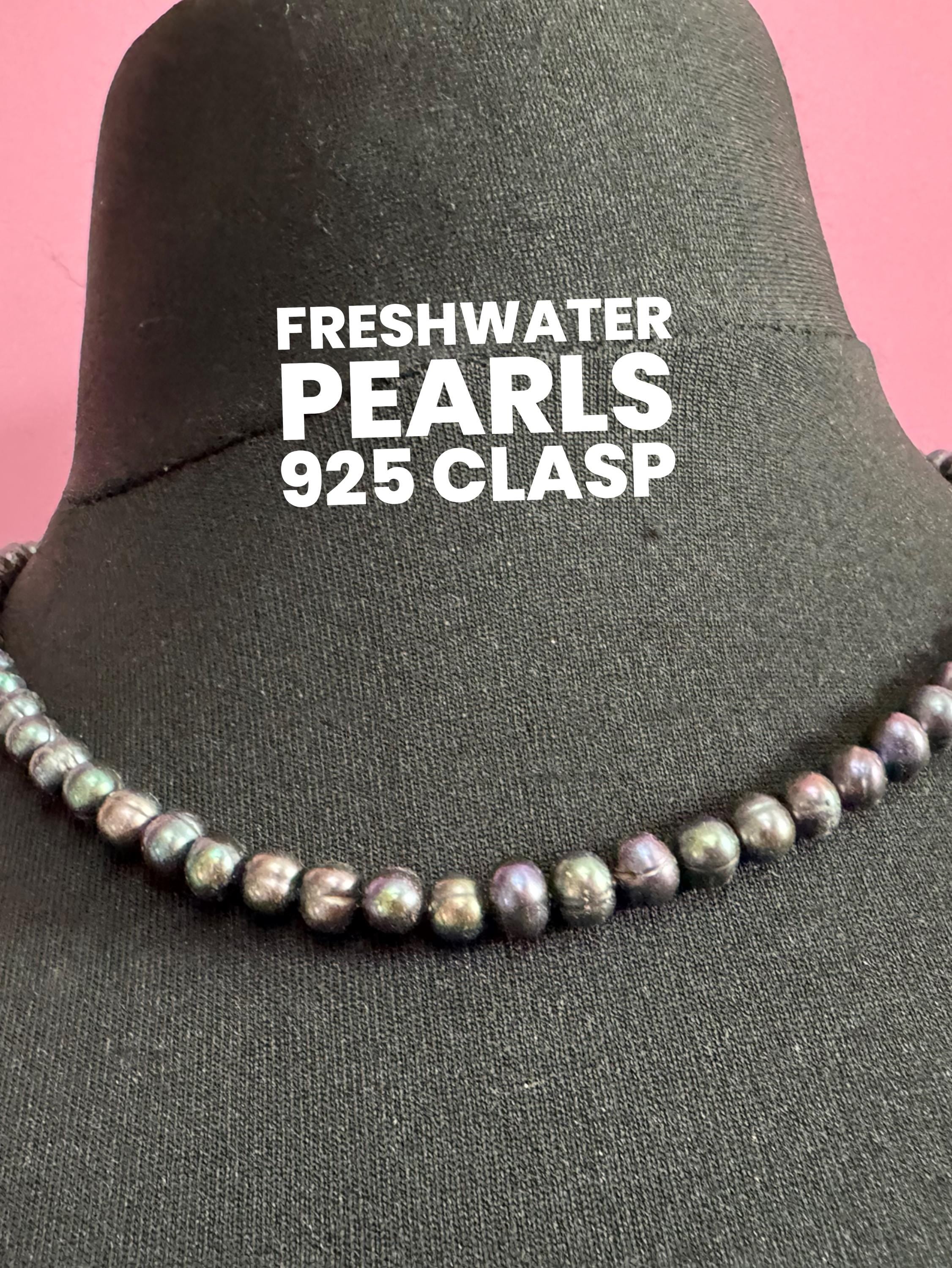 Vintage 925 silver clasp,  dyed freshwater pearl Petrol blue to grey glass knotted pearl necklace 48cm