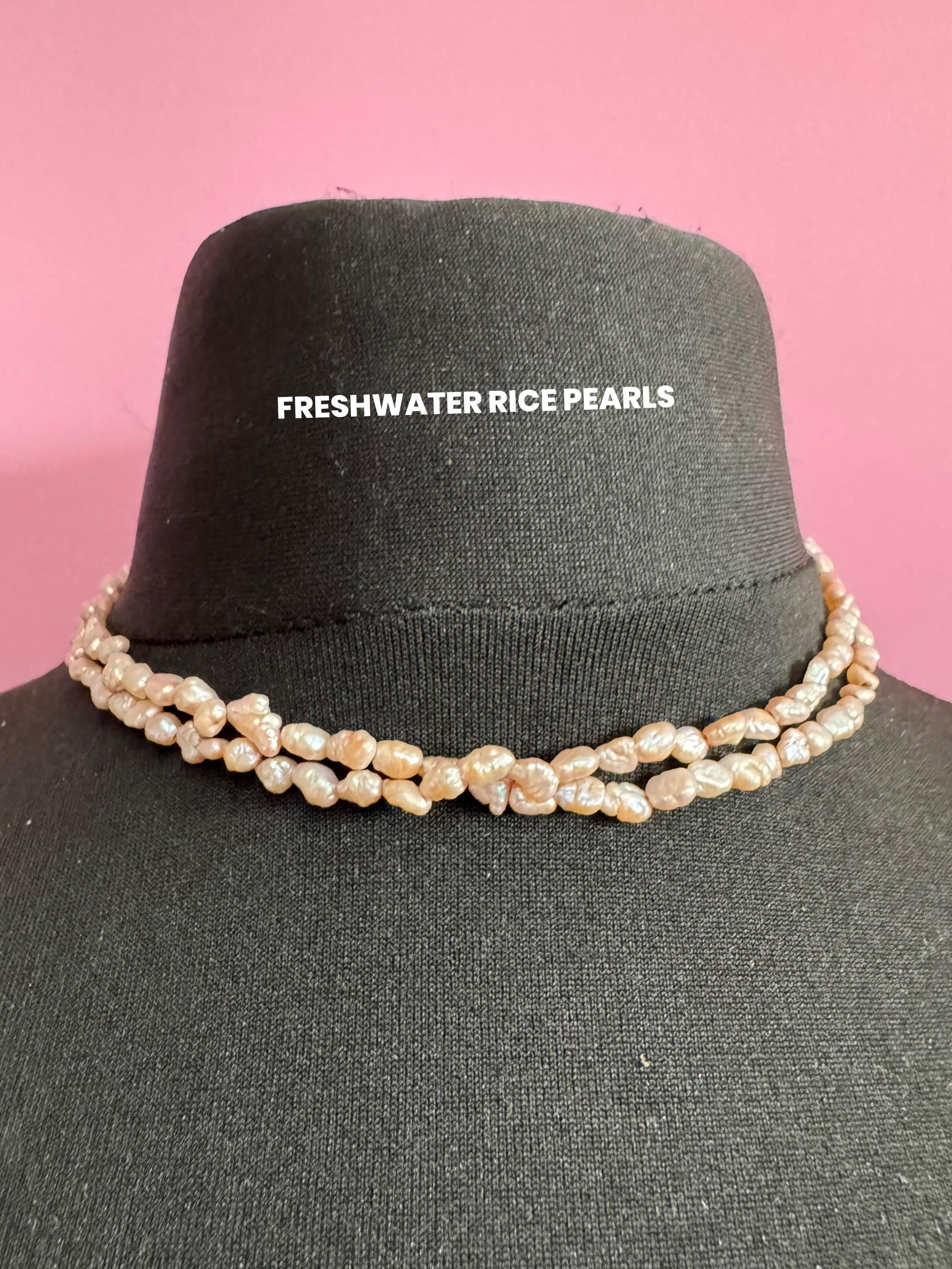 Vintage 2 row natural real freshwater pink rice Pearl seed beaded necklace with silver tone clasp 42cm