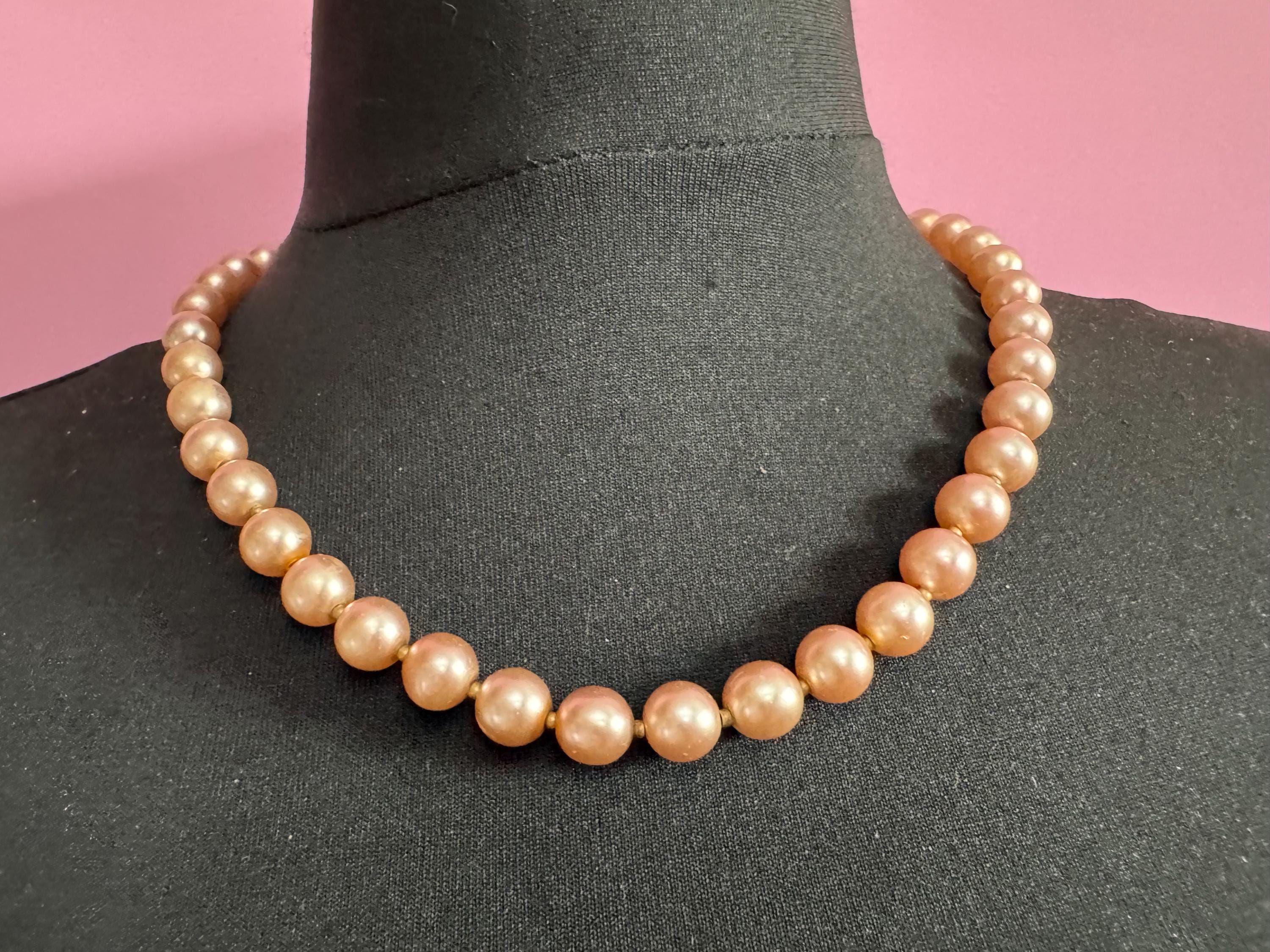 chunky pink tone spacer beaded 1cm glass pearl short necklace, Vintage 54cm single strand, row of pearls silver tone barrel clasp