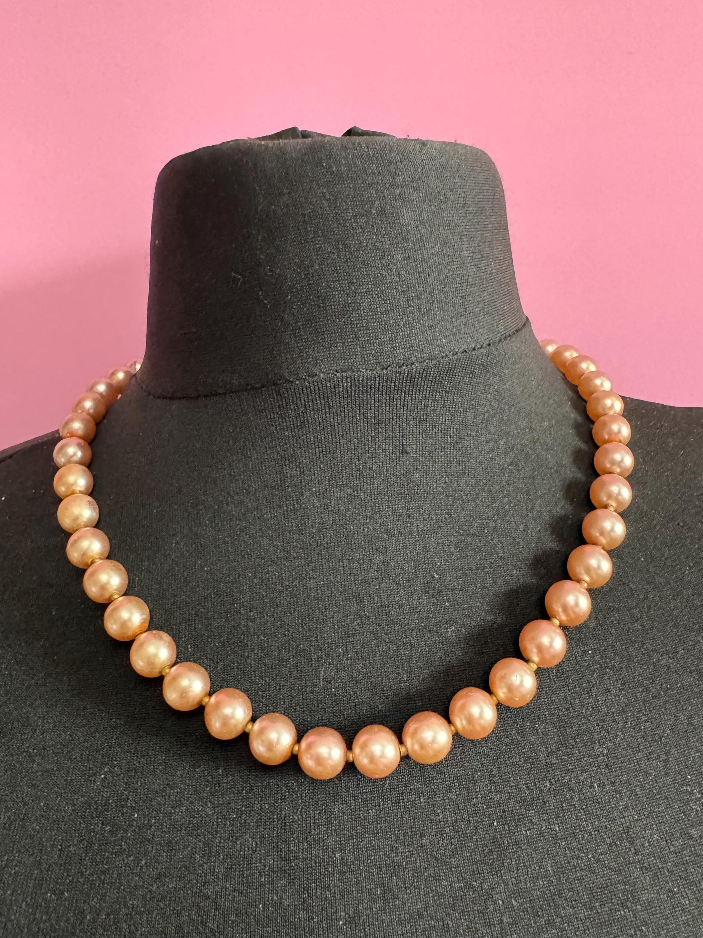 chunky pink tone spacer beaded 1cm glass pearl short necklace, Vintage 54cm single strand, row of pearls silver tone barrel clasp