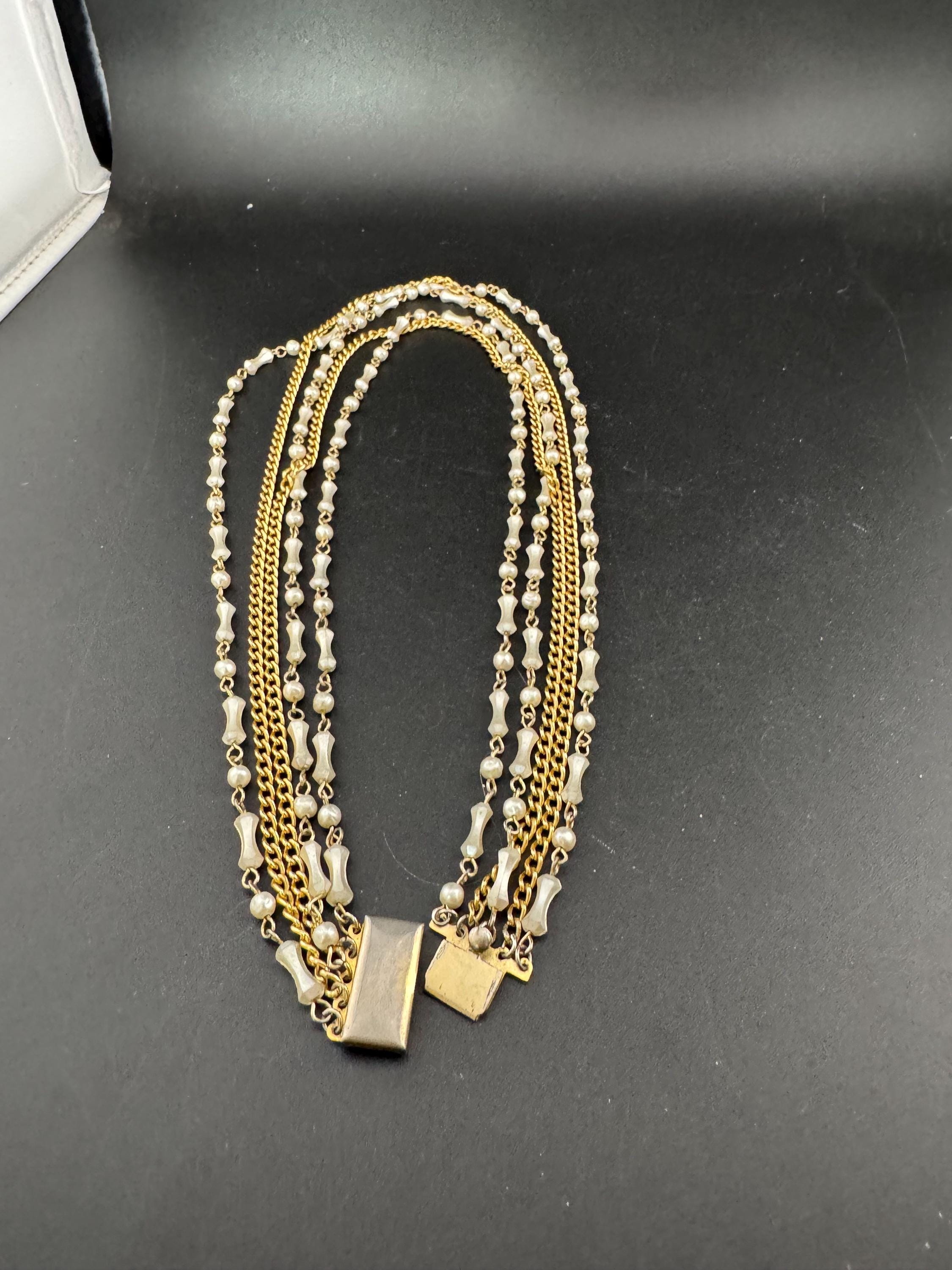 Vintage gold tone chain multi strand cream pearl beaded choker waterfall necklace