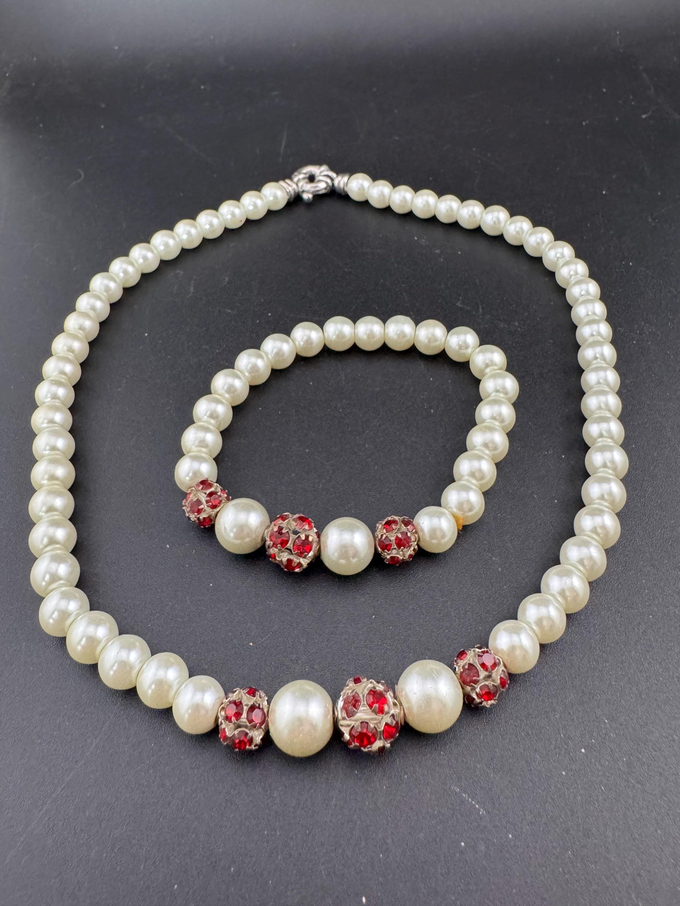 Vintage white glass pearl necklace and matching bracelet jewellery set with ruby rhinestone crystal ball beads