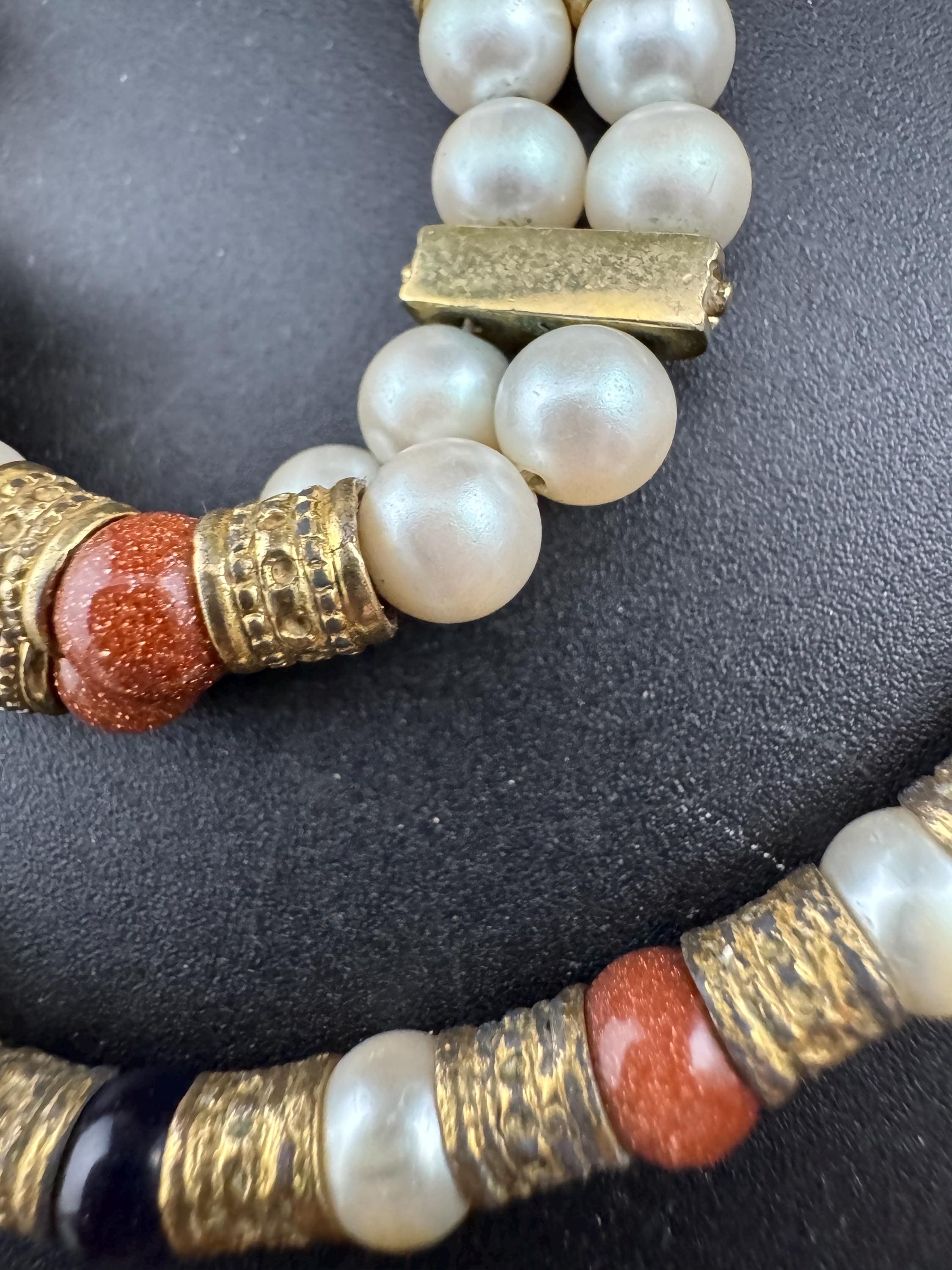 Vintage Etruscan Style Pearl & Goldstone Necklace Bracelet Set
