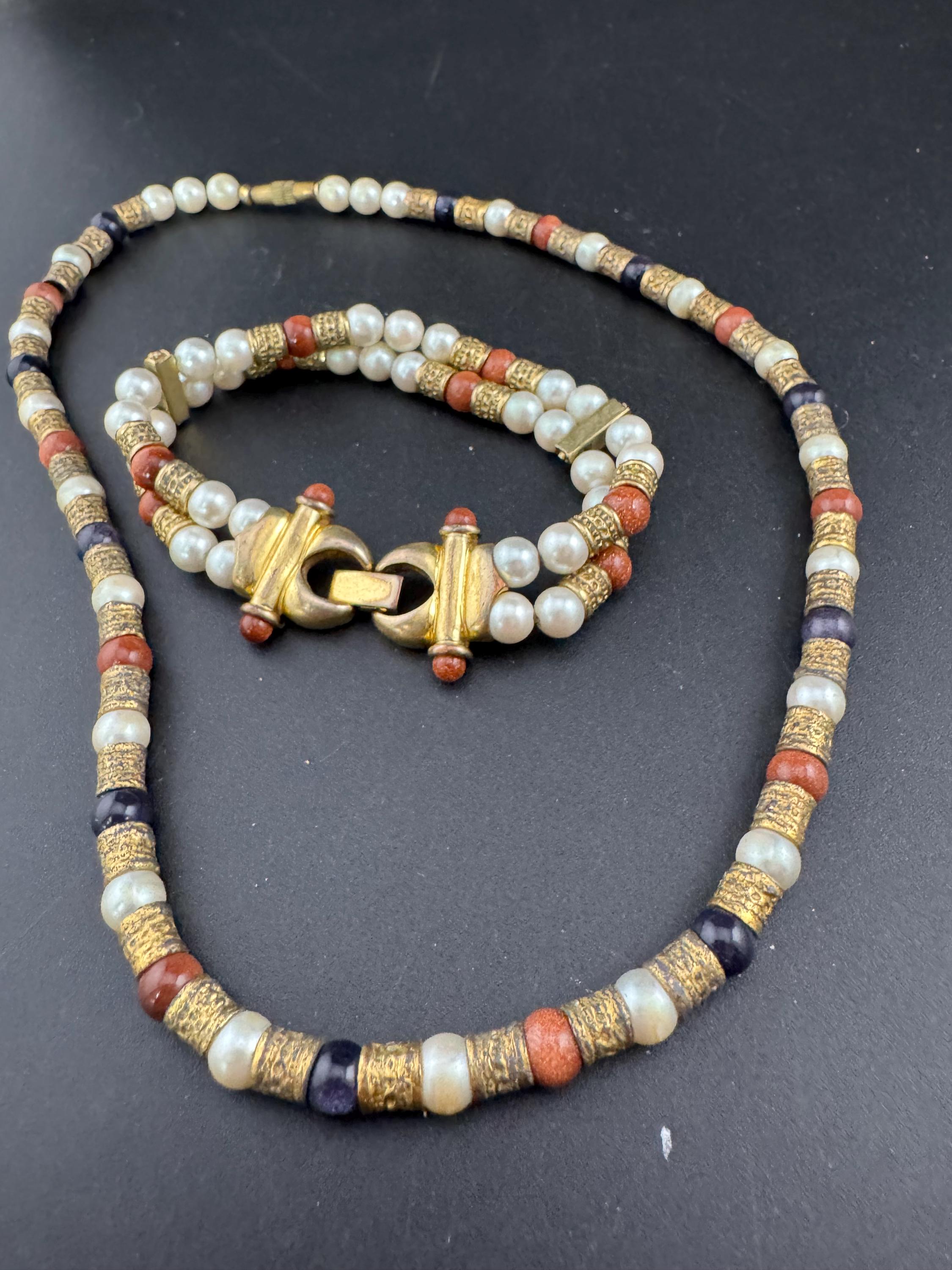 Vintage Etruscan Style Pearl & Goldstone Necklace Bracelet Set