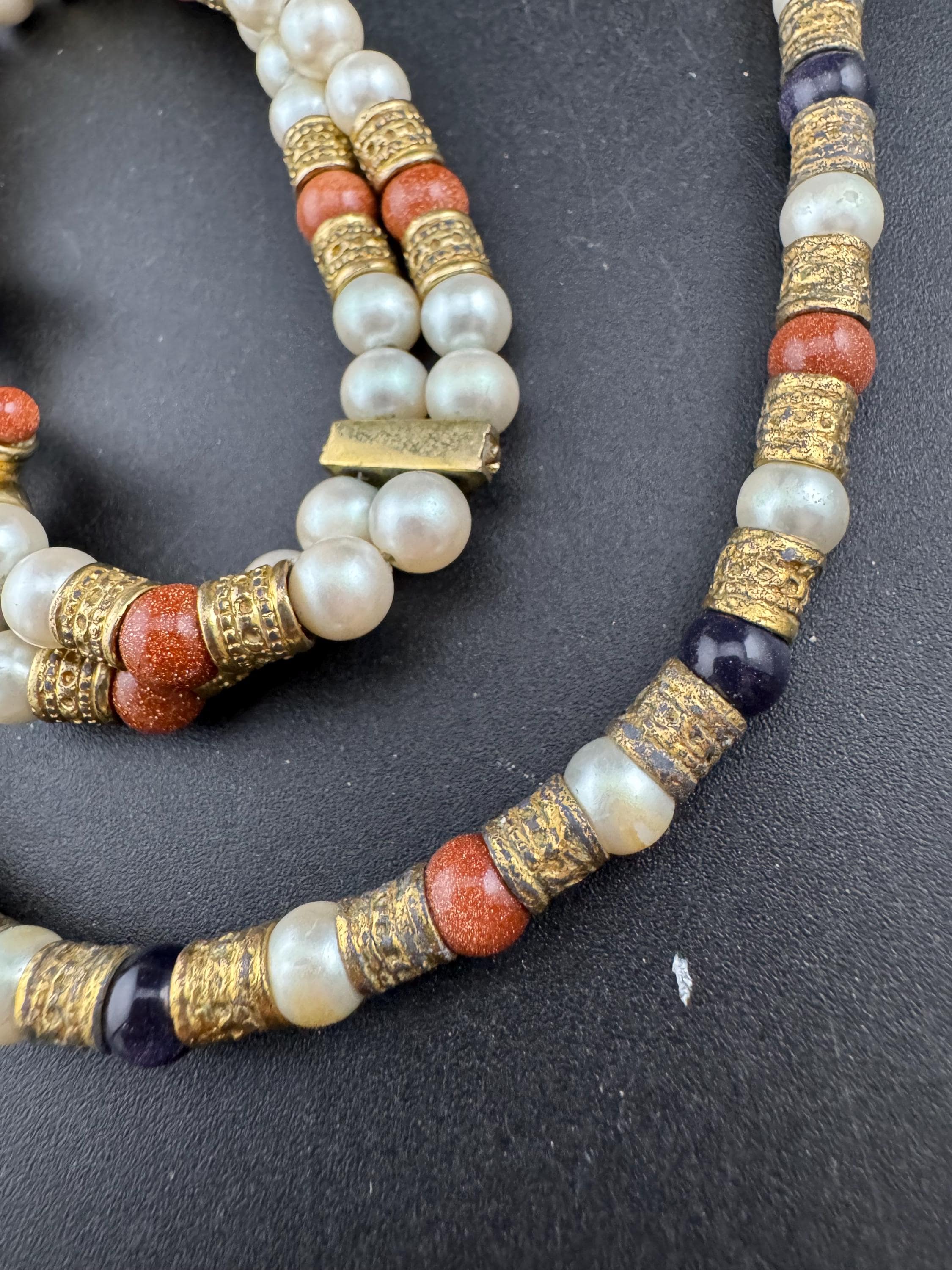 Vintage Etruscan Style Pearl & Goldstone Necklace Bracelet Set