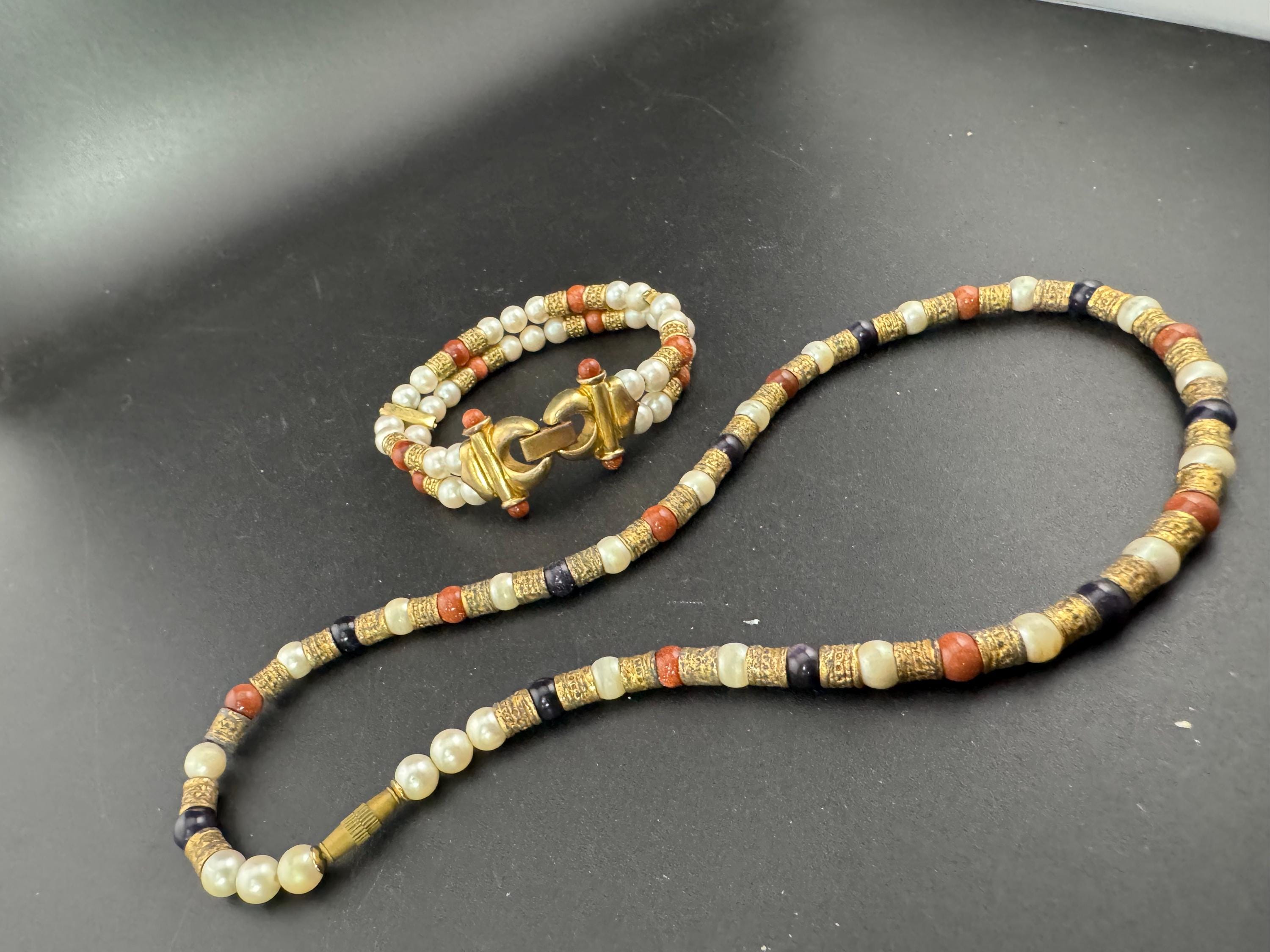 Vintage Etruscan Style Pearl & Goldstone Necklace Bracelet Set