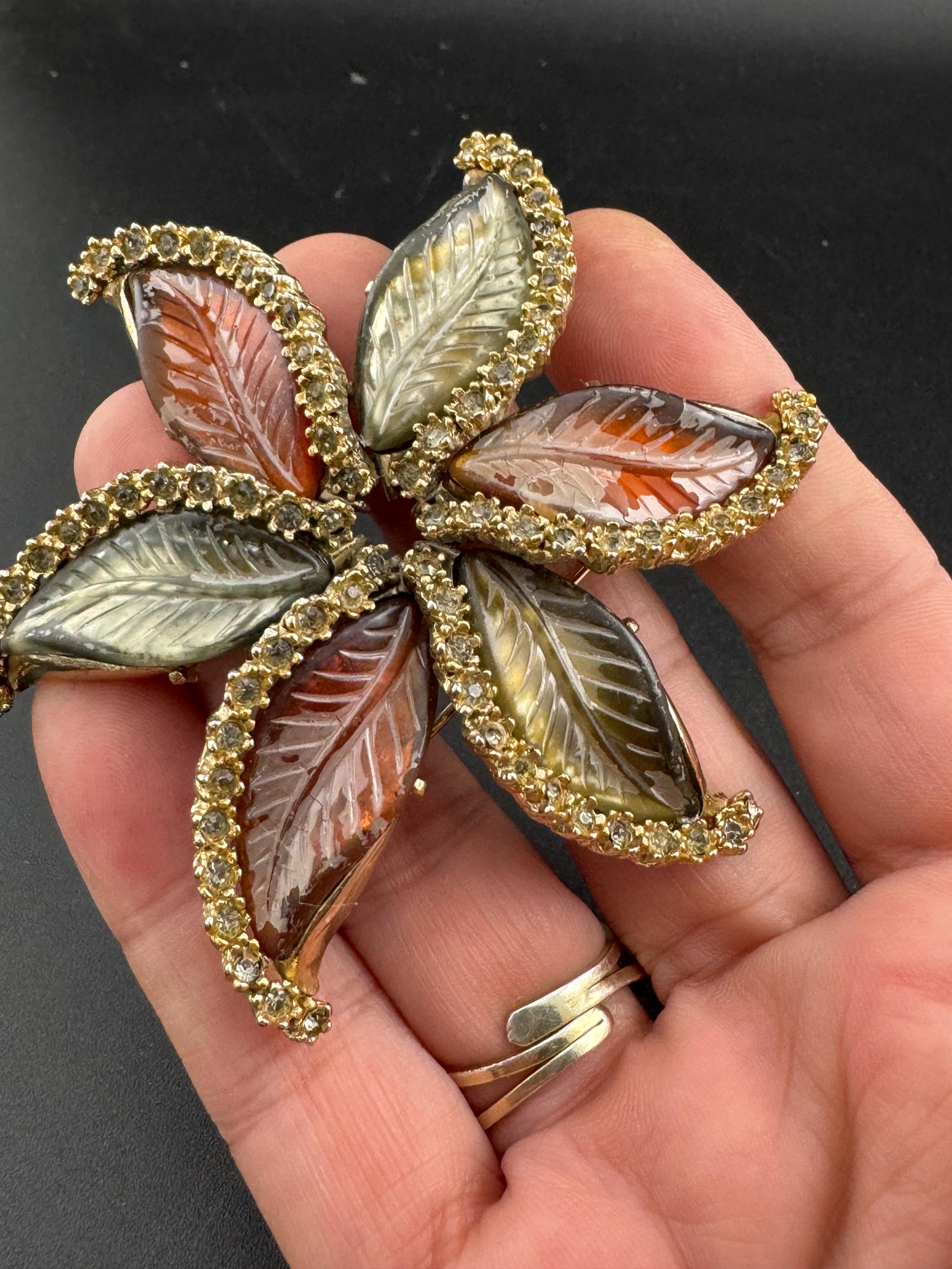 Oversized Rhinestone Leaf Brooch: Red Brown Molded Glass, Gold Tone