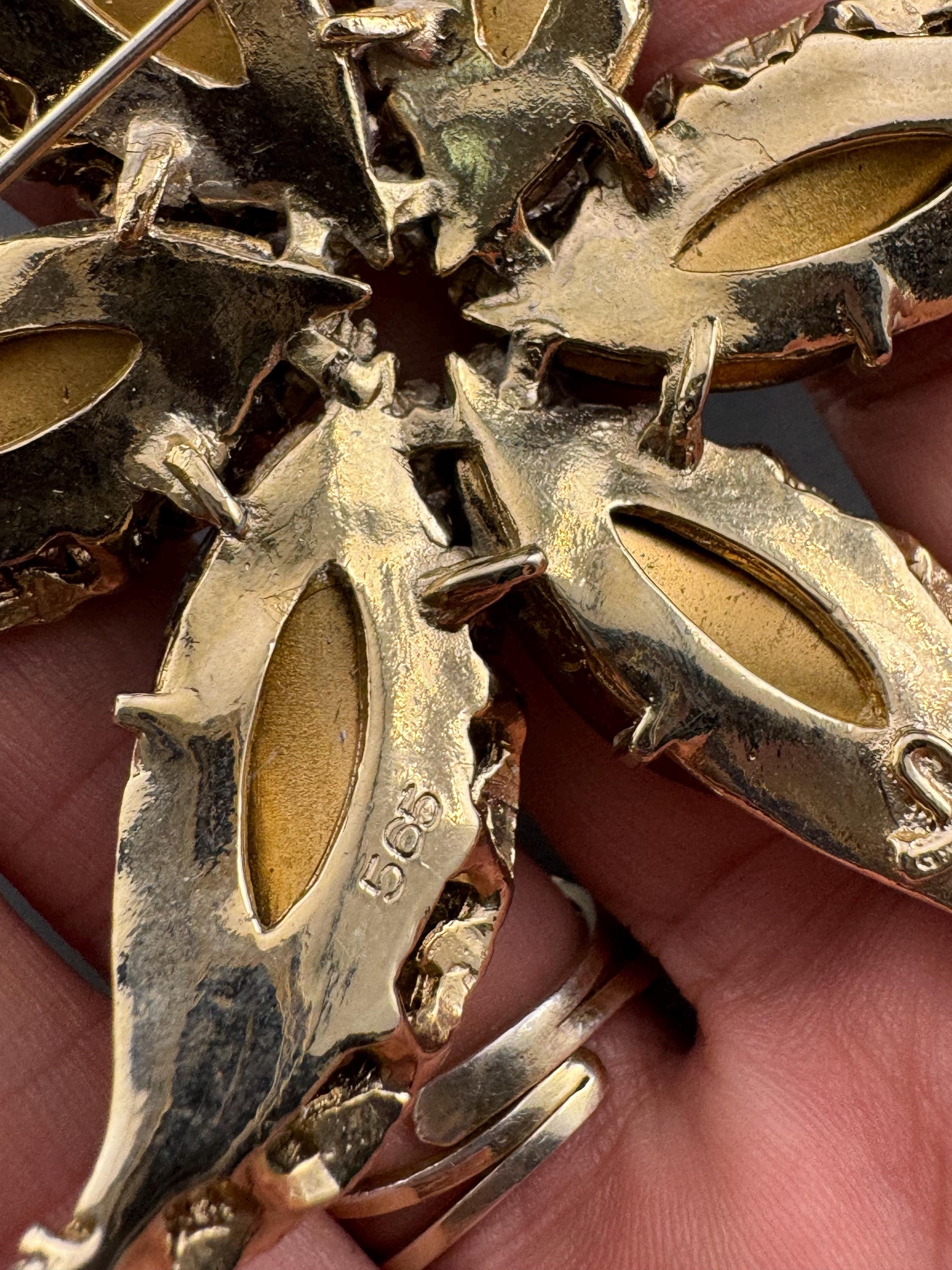 Oversized Rhinestone Leaf Brooch: Red Brown Molded Glass, Gold Tone