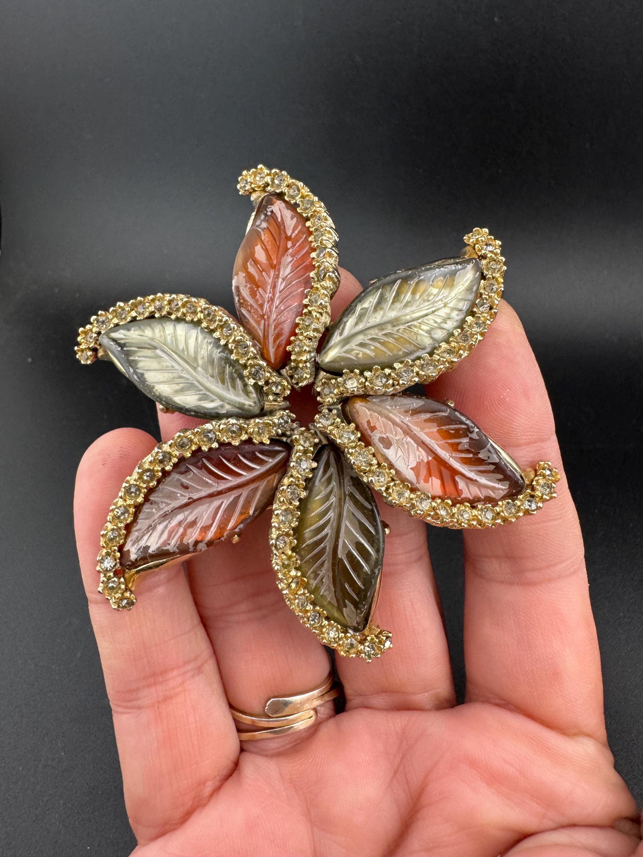 Oversized Rhinestone Leaf Brooch: Red Brown Molded Glass, Gold Tone