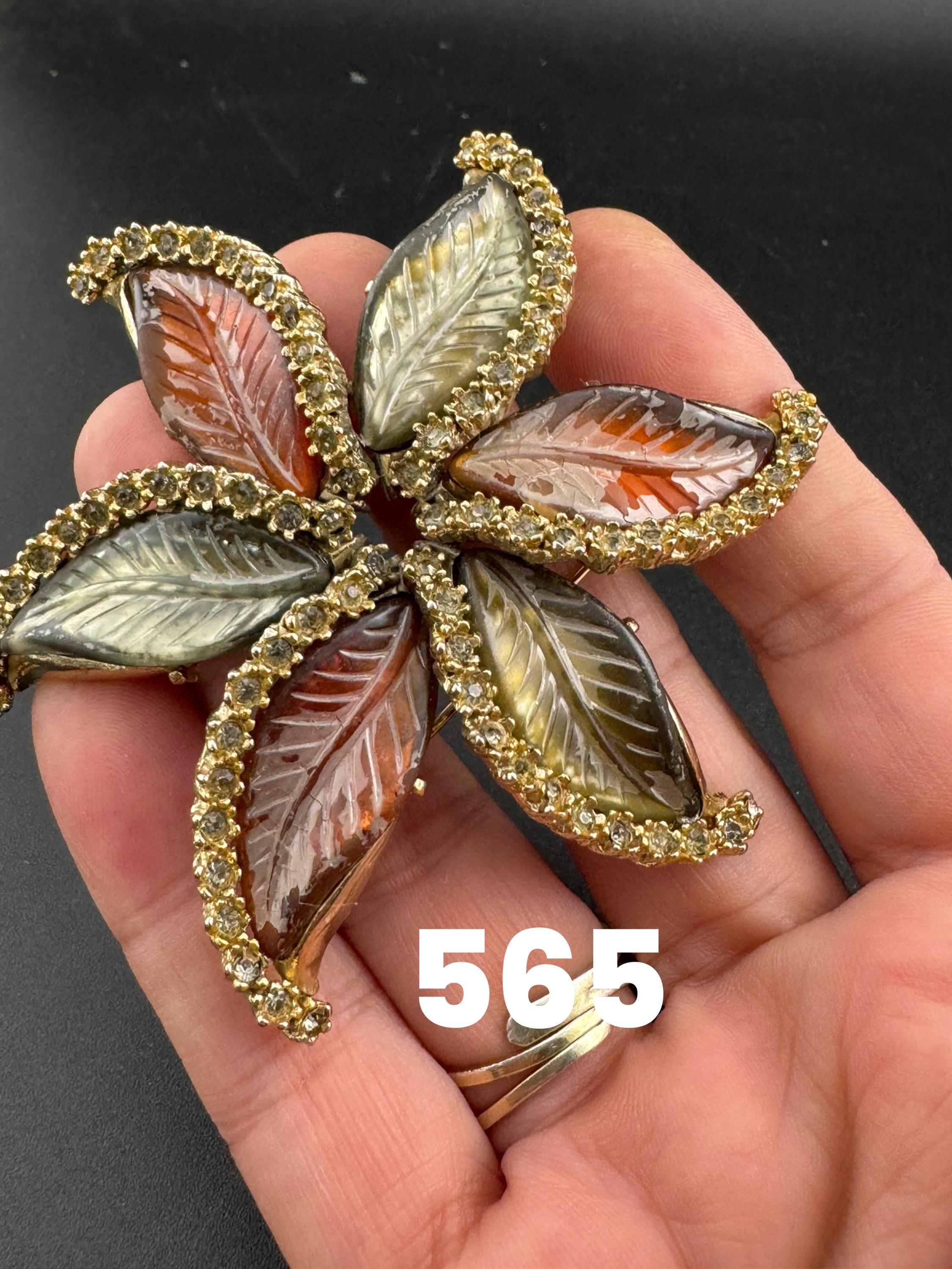 Oversized Rhinestone Leaf Brooch: Red Brown Molded Glass, Gold Tone